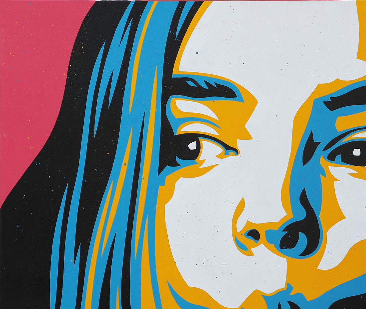Abstract contemporary painting of a young woman with by Austin, Texas artist Ed Booth. Large yellow, blue, and black vectorized portrait painting of a woman subject against a solid magenta pink background. Signed by artist at the bottom left.