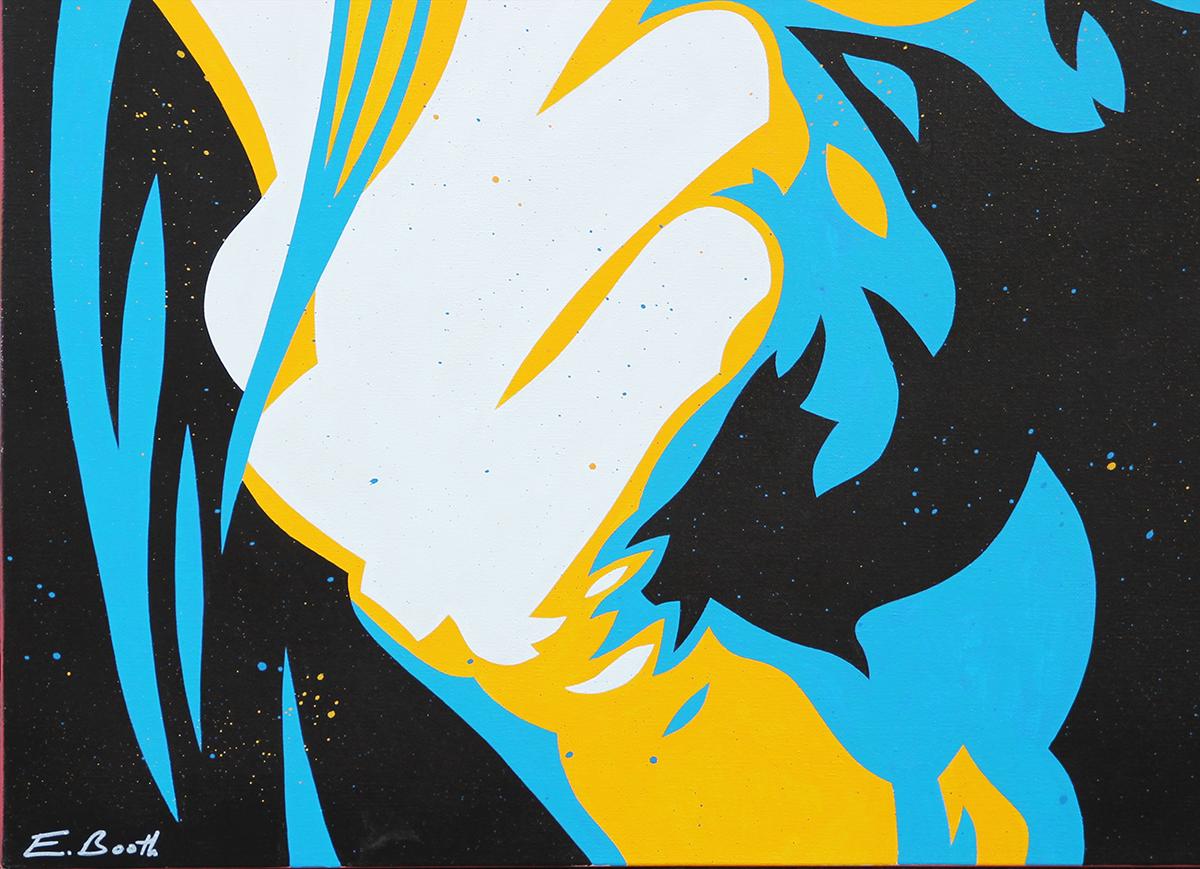 “Kickin’ Around” Blue, Yellow, and Pink Toned Abstract Vectorized Woman Portrait - Pop Art Painting by Ed Booth