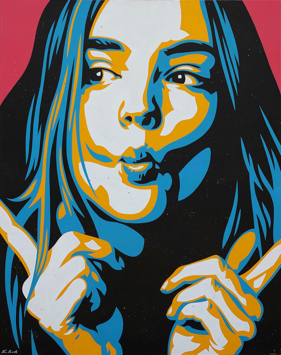 Ed Booth Figurative Painting - “Kickin’ Around” Blue, Yellow, and Pink Toned Abstract Vectorized Woman Portrait