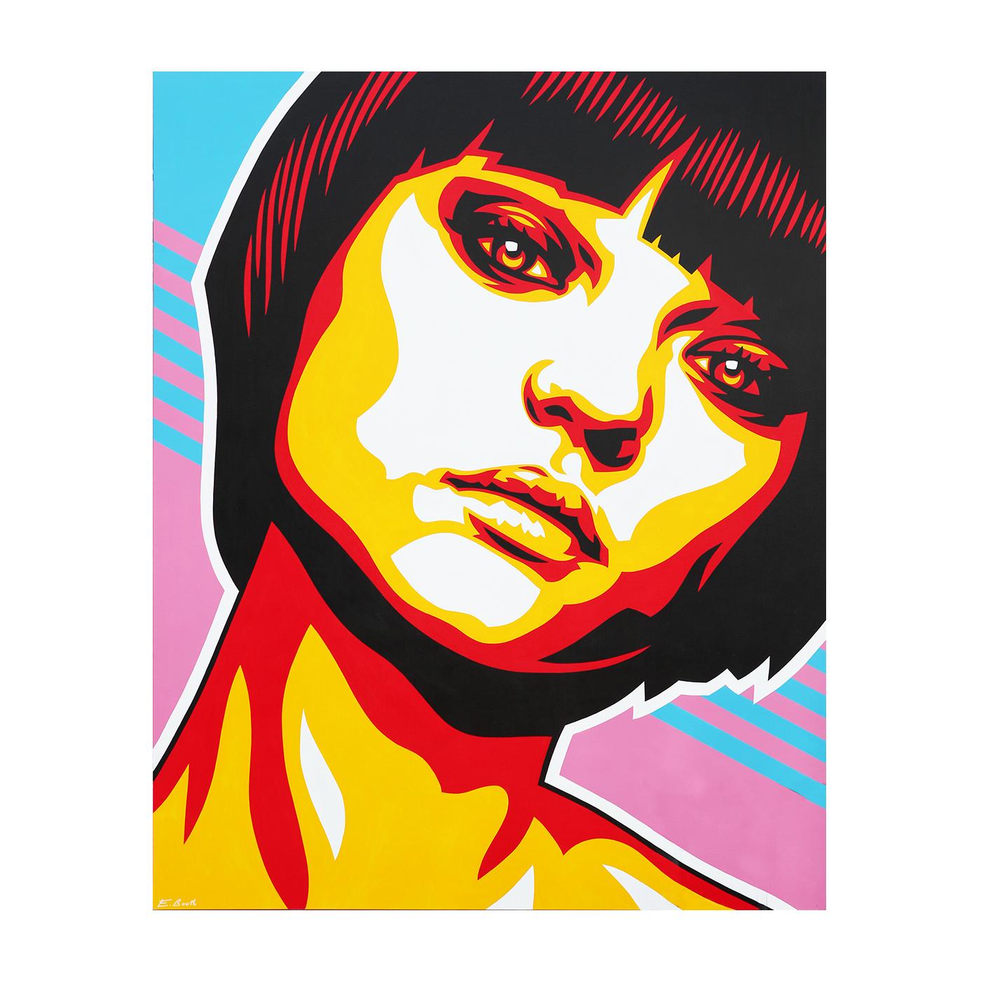 “Might and Mercy” Blue, Red, Yellow, and Pink Toned Abstract Vectorized Portrait - Painting by Ed Booth