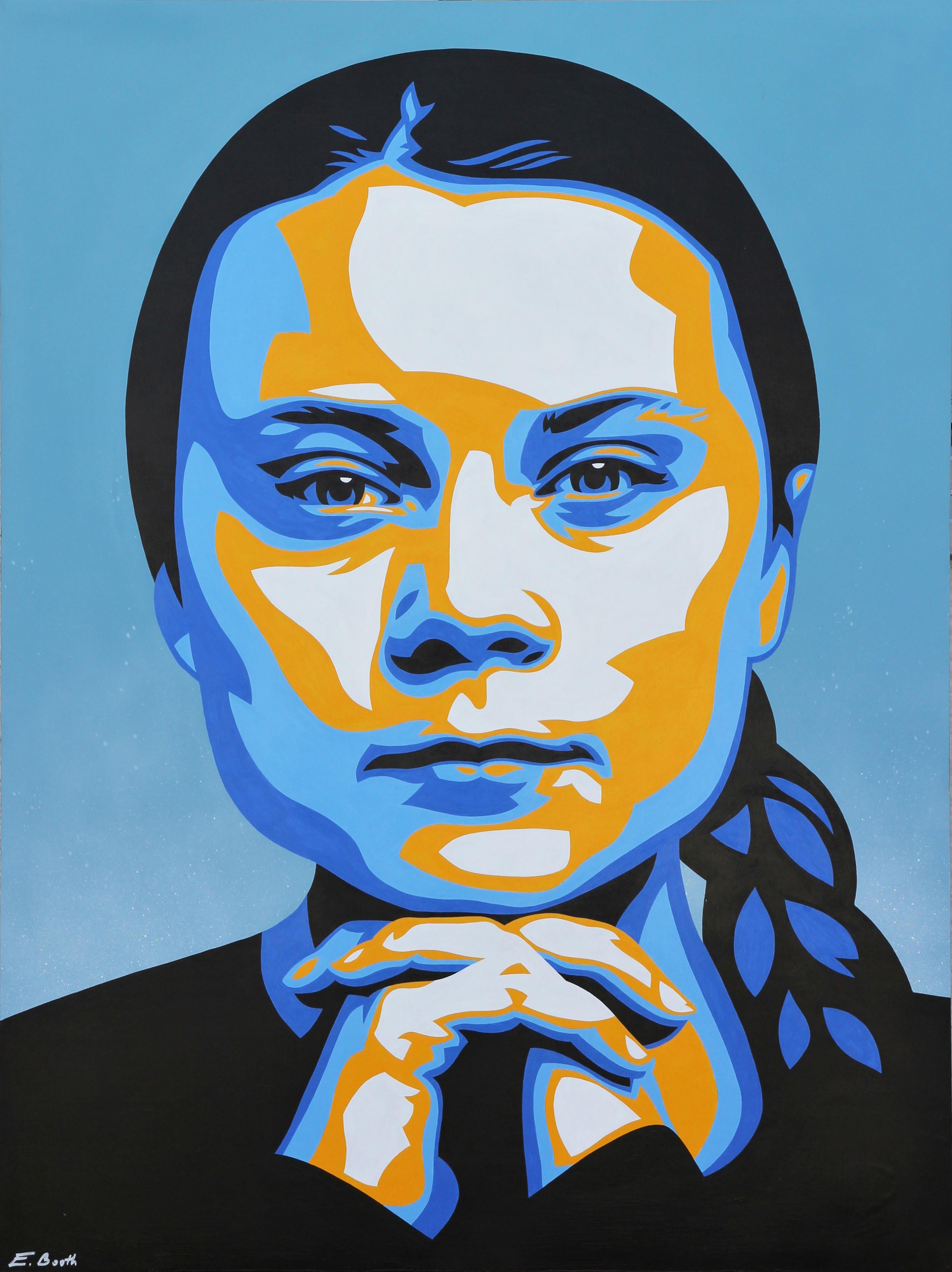 Ed Booth Portrait Painting - Greta Thunberg “Greta” Blue, Yellow, and Black Abstract Contemporary Portrait
