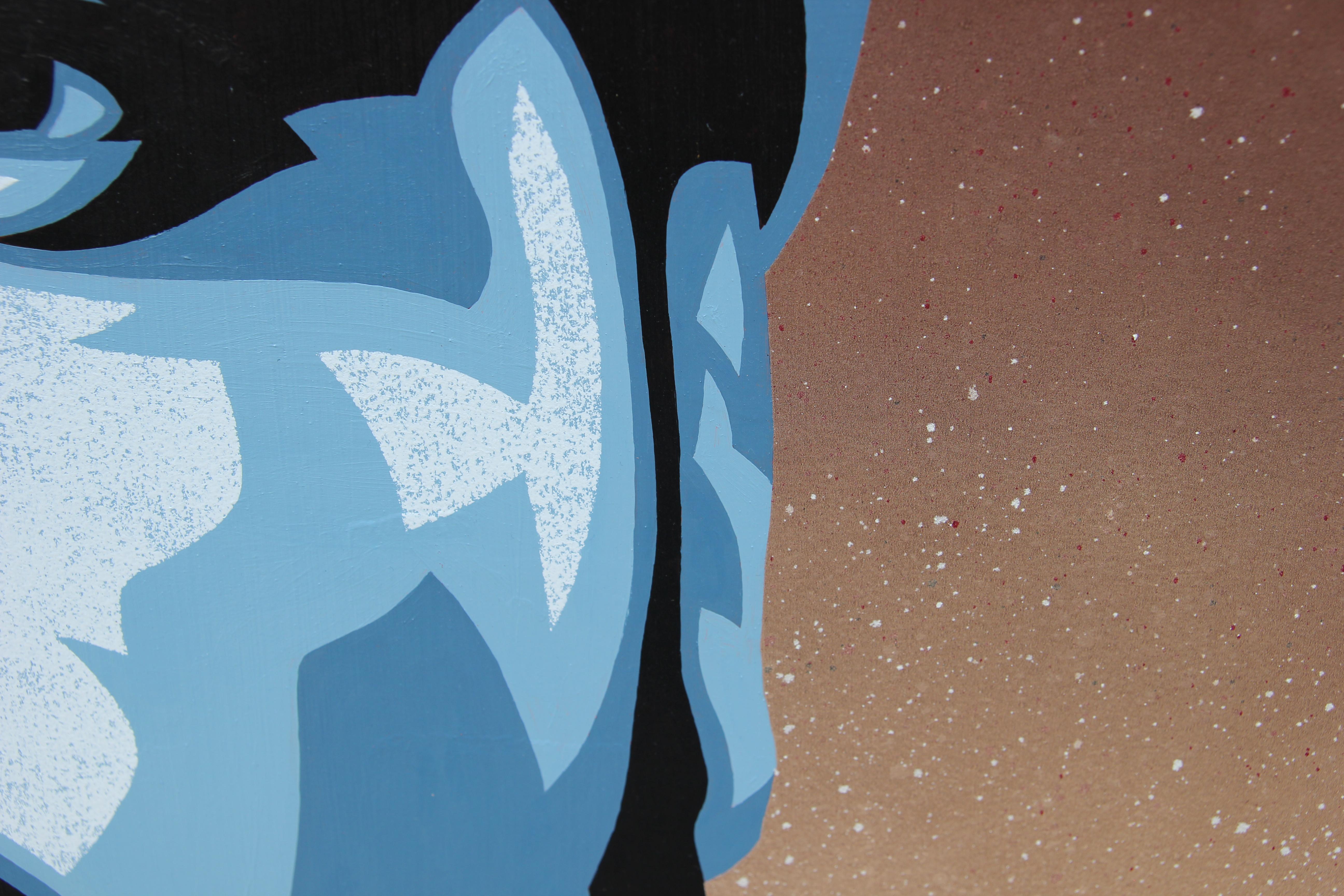 Abstract contemporary painting of rapper Ice Cube by Austin, Texas artist Ed Booth. Large black and grey vectorized portrait painting of Ice Cube against a brown gradient background. Signed by artist at the bottom left. Unframed but framing options