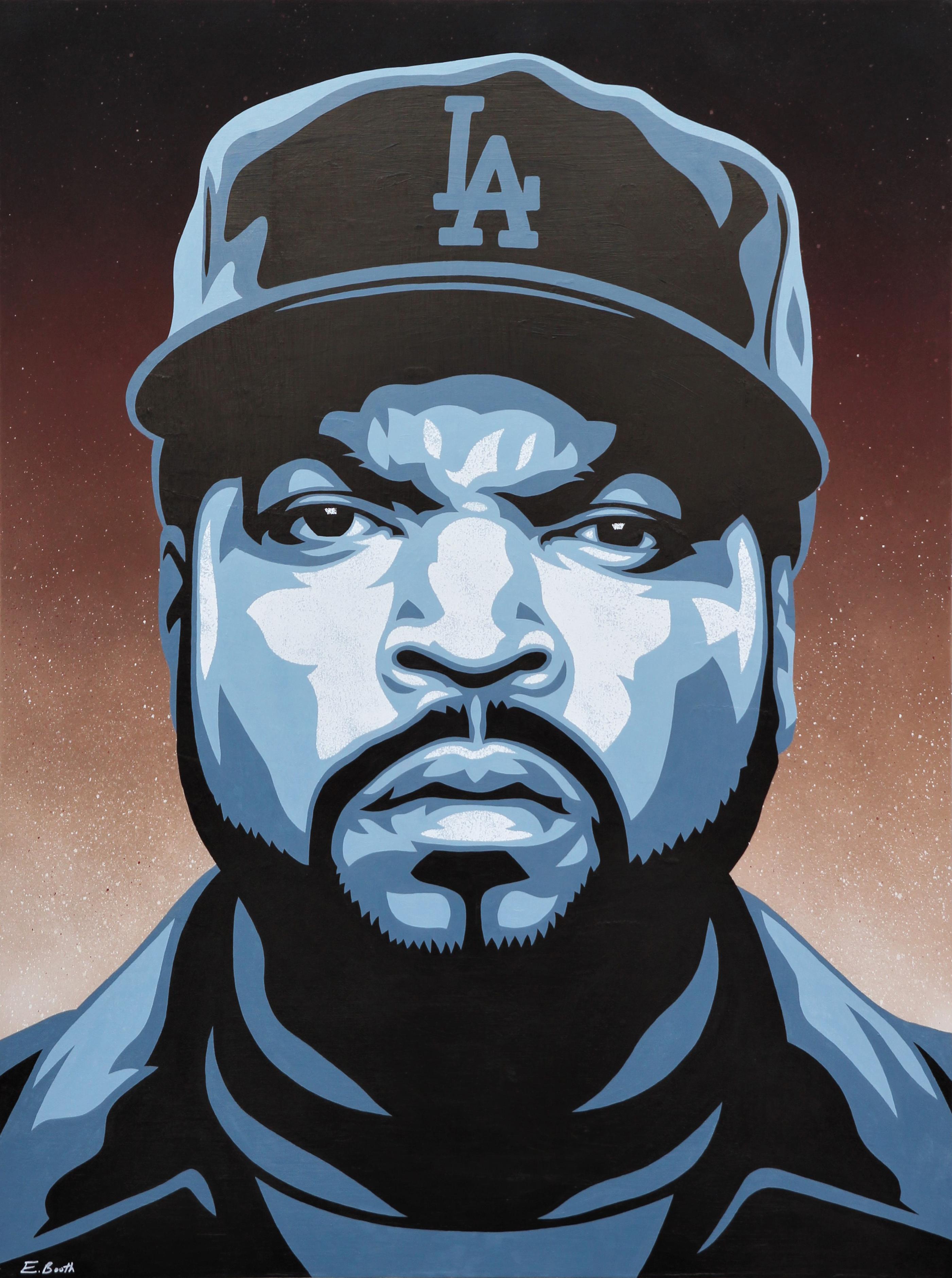 Ed Booth Abstract Painting - “Ice Cube” Black, Grey, and Brown Toned Cotemporary Abstract Portrait Painting