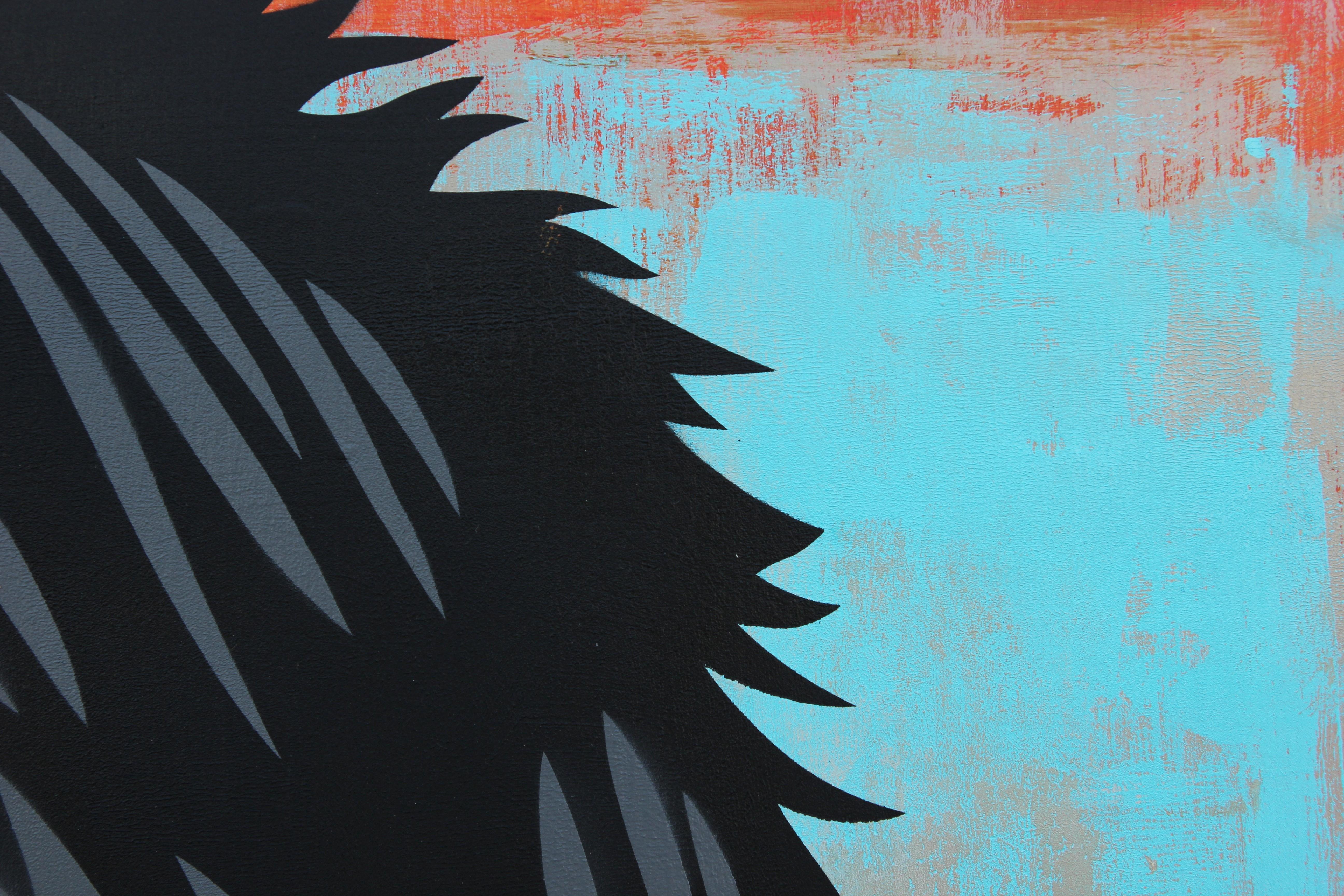 Abstraktes zeitgenössisches Gemälde des Radiohead-Sängers Thom Yorke des Künstlers Ed Booth aus Austin, Texas. Großes schwarzes und graues vektorisiertes Porträtgemälde von Yorke vor einem blaugrünen und roten Pinselhintergrund. Signiert vom