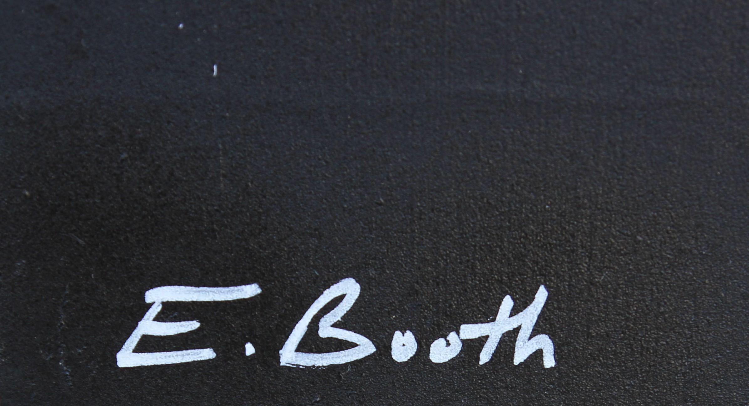 Peinture contemporaine abstraite du chanteur de Radiohead, Thom Yorke, réalisée par l'artiste Ed Booth d'Austin, au Texas. Grand tableau portrait vectorisé noir et gris de Yorke dans un fond brossé sarcelle et rouge. Signé par l'artiste en bas à