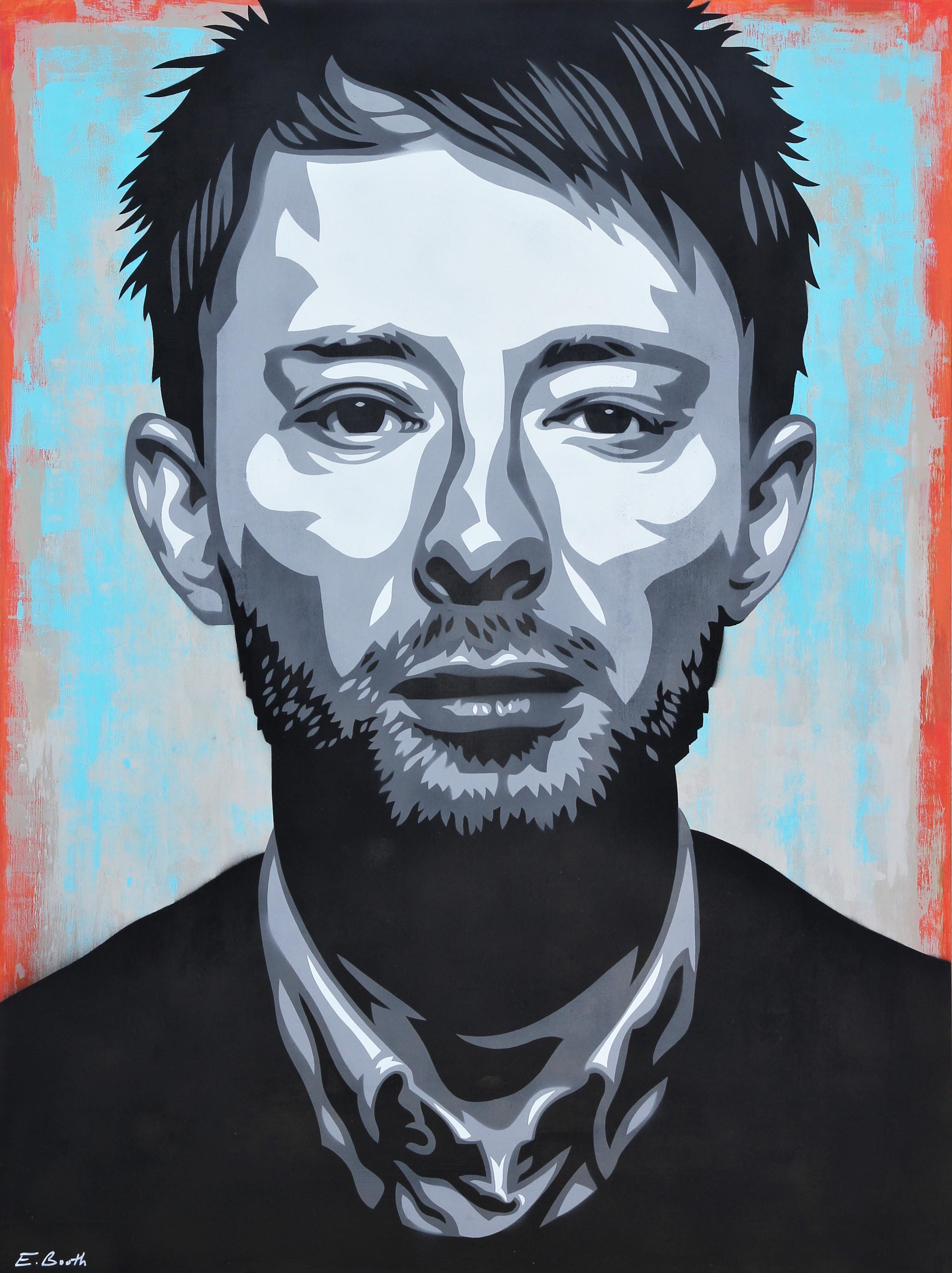 Abstract Painting Ed Booth - Thom Yorke - Portrait abstrait contemporain sarcelle, rouge et noir de la Maison des Cards