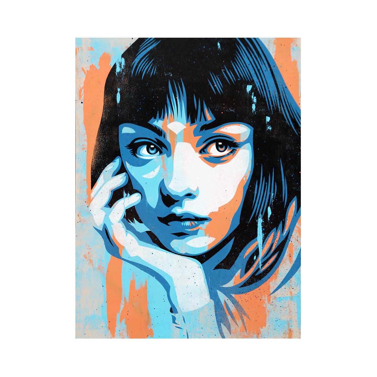 “Drifting In and Out” Peach & Blue Vectorized Female Portrait with Head in Hand - Painting by Ed Booth 