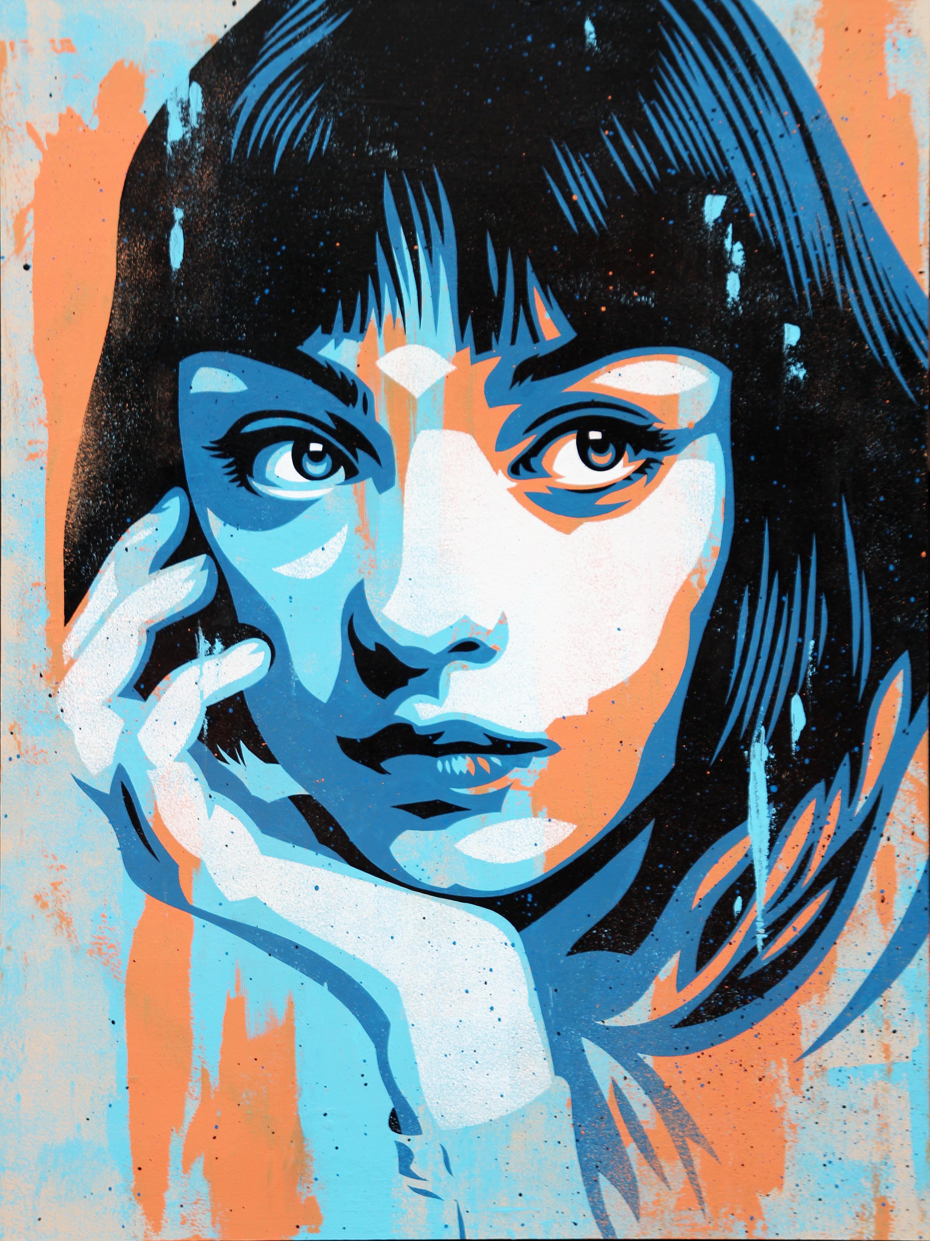 Ed Booth  Figurative Painting - “Drifting In and Out” Peach & Blue Vectorized Female Portrait with Head in Hand