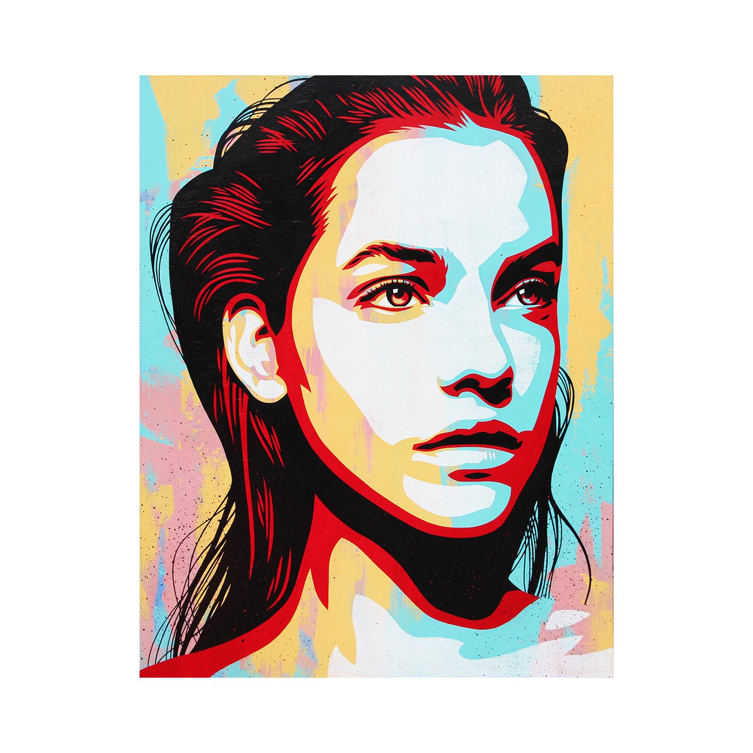 “Eclipse” Contemporary Blue, Orange, Red, & Pink Vectorized Female Portrait  - Painting by Ed Booth 