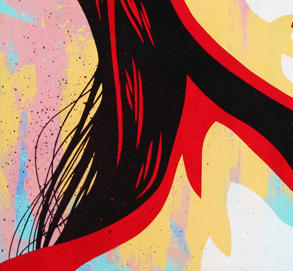 Quadro astratto contemporaneo vettoriale di una giovane donna realizzato dall'artista di Austin, Texas, Ed Booth. L'opera presenta una sagoma nera di una donna con accenti blu, arancioni, rossi e rosa. Firmato lungo il lato della cornice nell'angolo