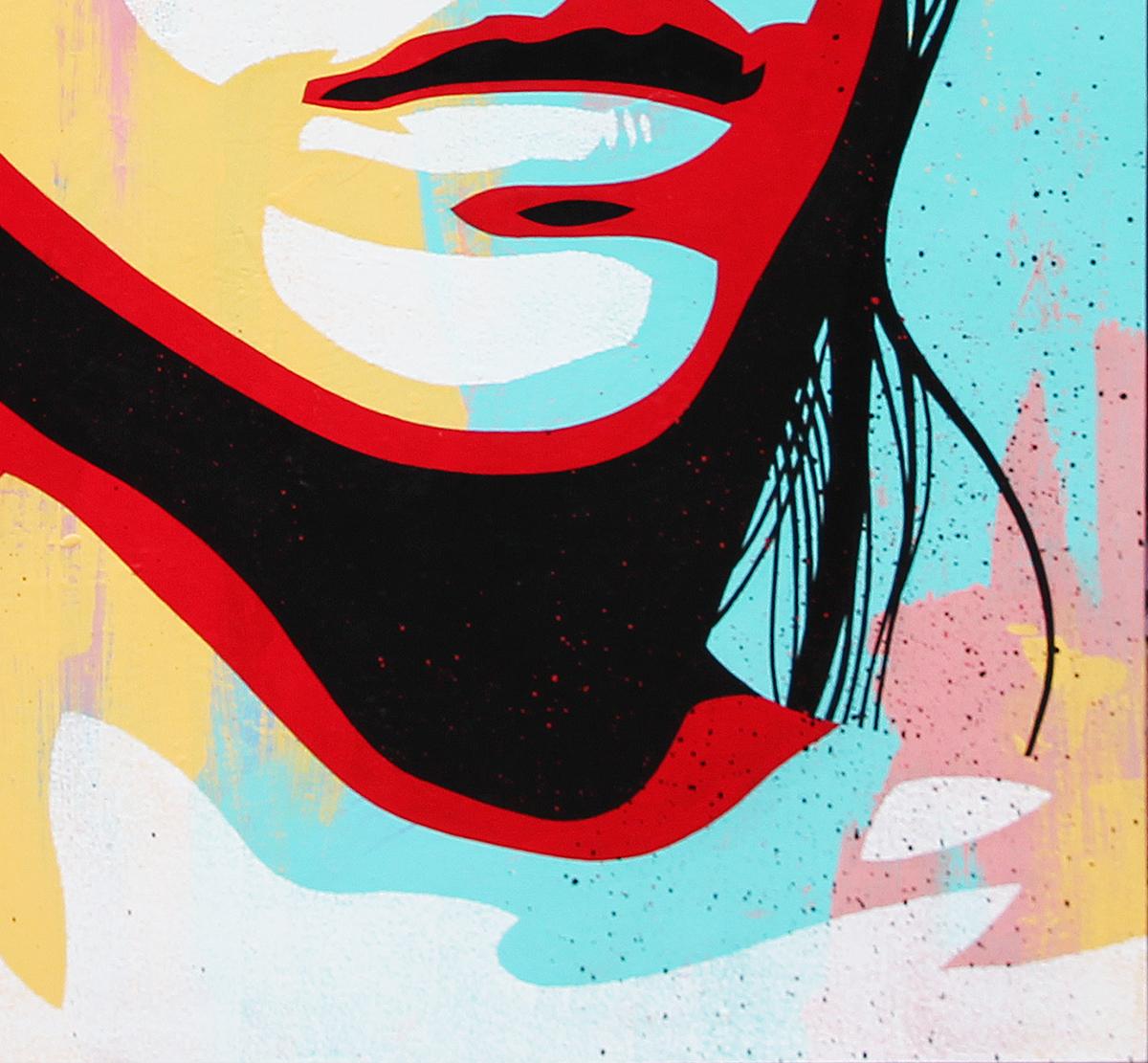 “Eclipse” Contemporary Blue, Orange, Red, & Pink Vectorized Female Portrait  - Beige Figurative Painting by Ed Booth 