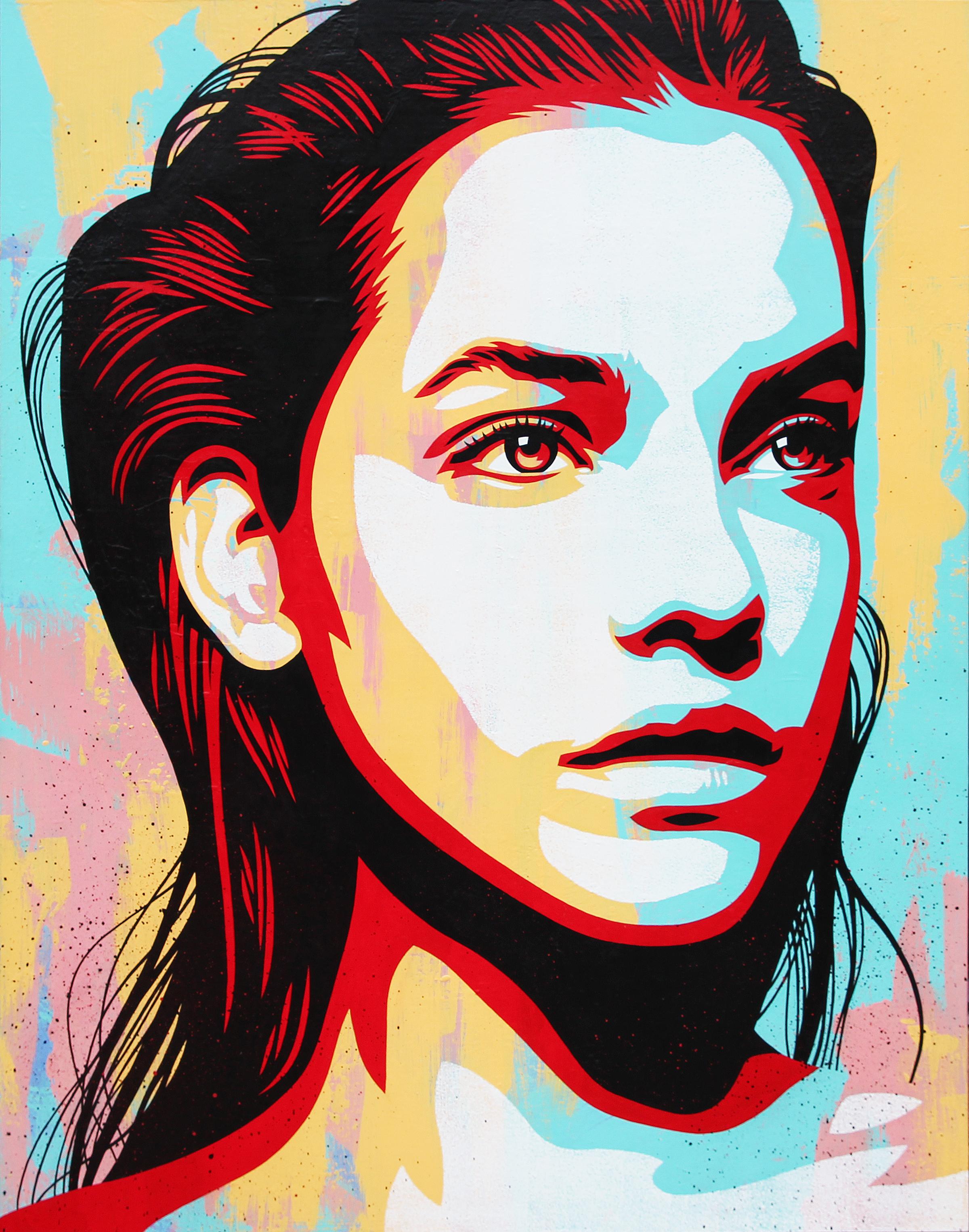 Ed Booth  Figurative Painting - “Eclipse” Contemporary Blue, Orange, Red, & Pink Vectorized Female Portrait 