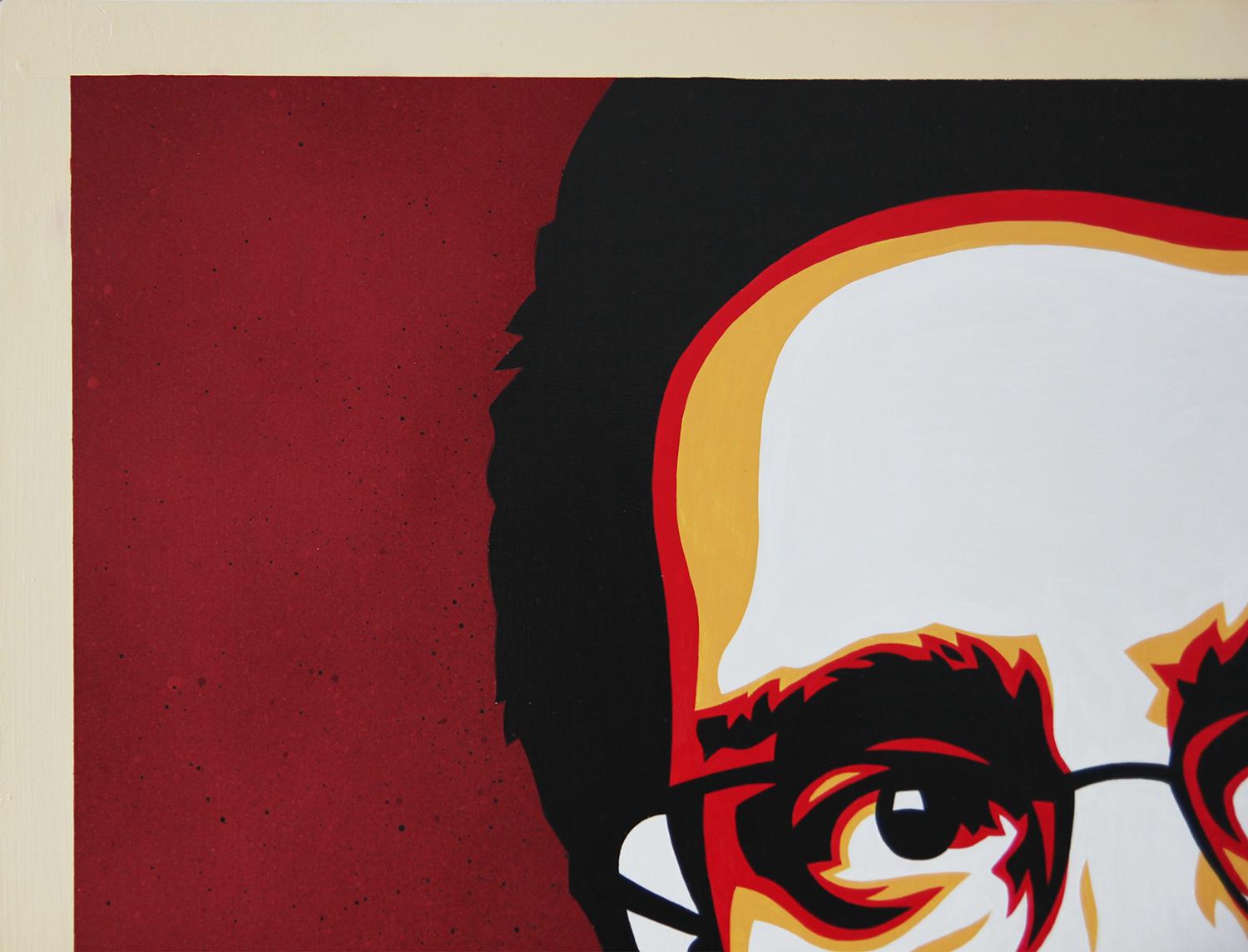 Abstraktes zeitgenössisches Gemälde von Edward Snowden des Künstlers Ed Booth aus Austin, Texas. Großes rotes, orangefarbenes und gelbes vektorisiertes Porträtbild von Snowden vor einem dunkelroten Hintergrund mit Farbverlauf. Signiert vom Künstler