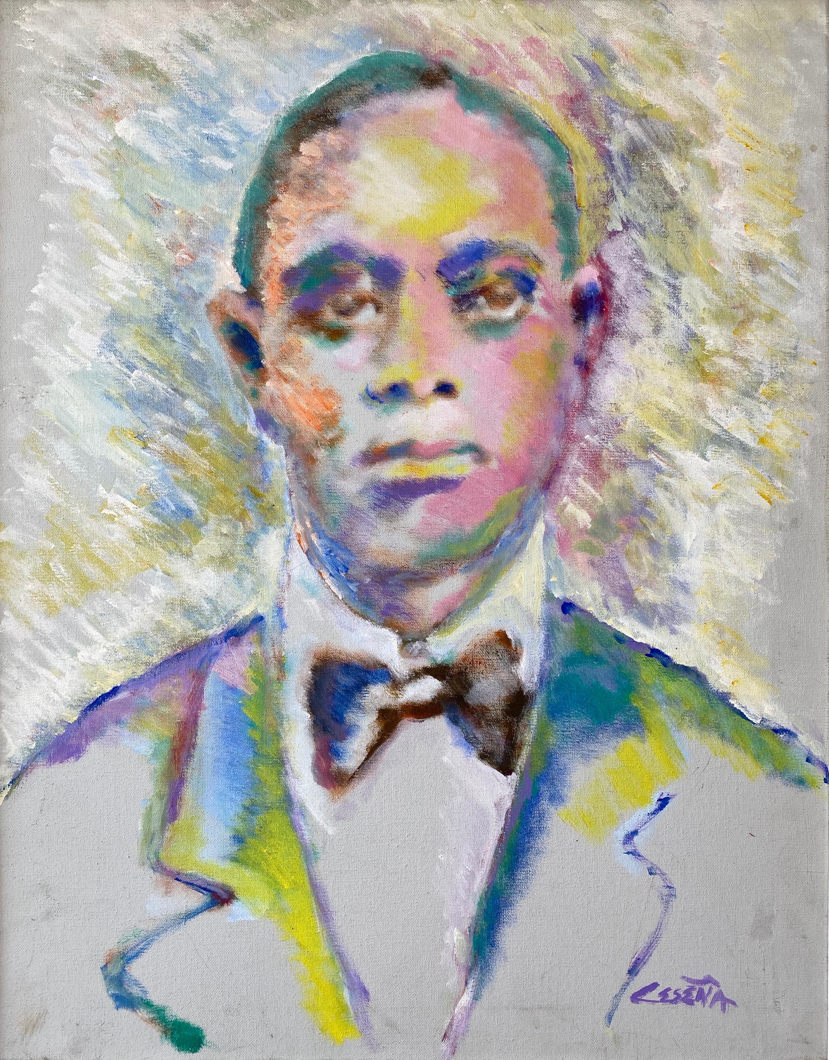 A large and captivating 1980s framed fauvist oil on canvas portrait painting of jazz great Joe “King” Oliver by San Francisco-born artist Ed Ceseña (b. 1928).

Colorful interpretation of an early photograph of the musician, rendered in Ceseña’s