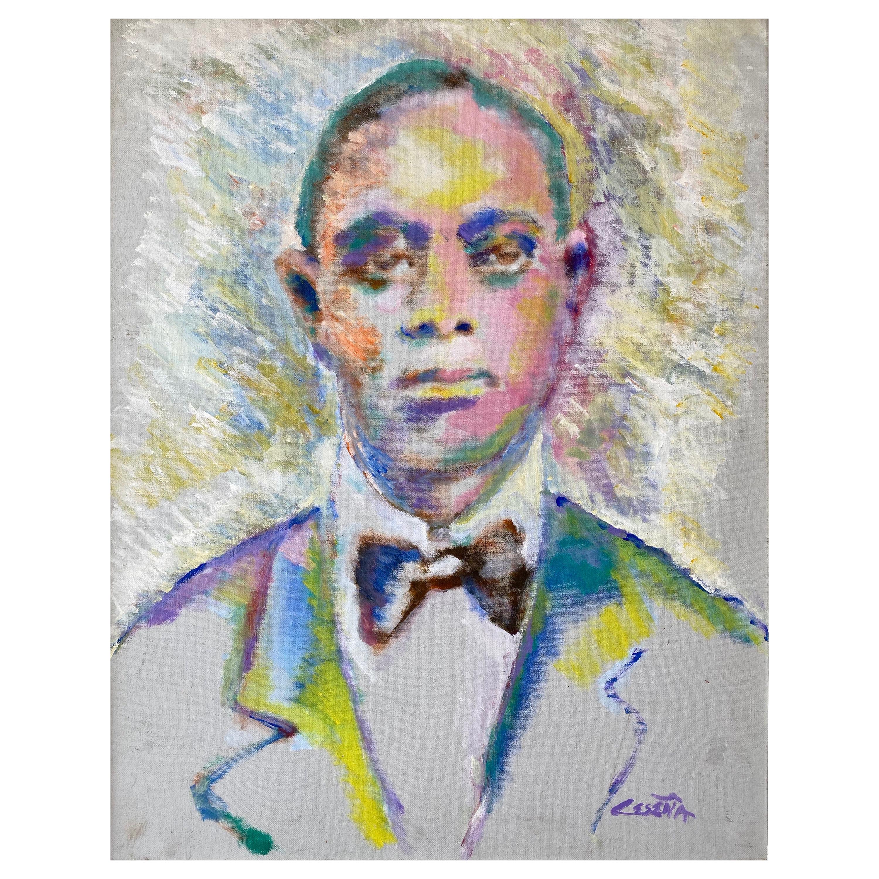 Ed Ceseña “King Oliver”, Large Fauvist Portrait Oil Painting, 1980s For Sale
