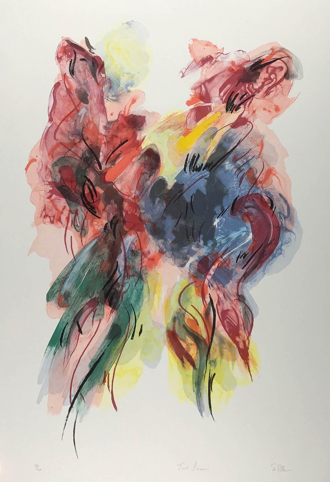 Ed Colker Figurative Print - Two Dancers (a colorful abstract lithograph based on interaction of two dancers)