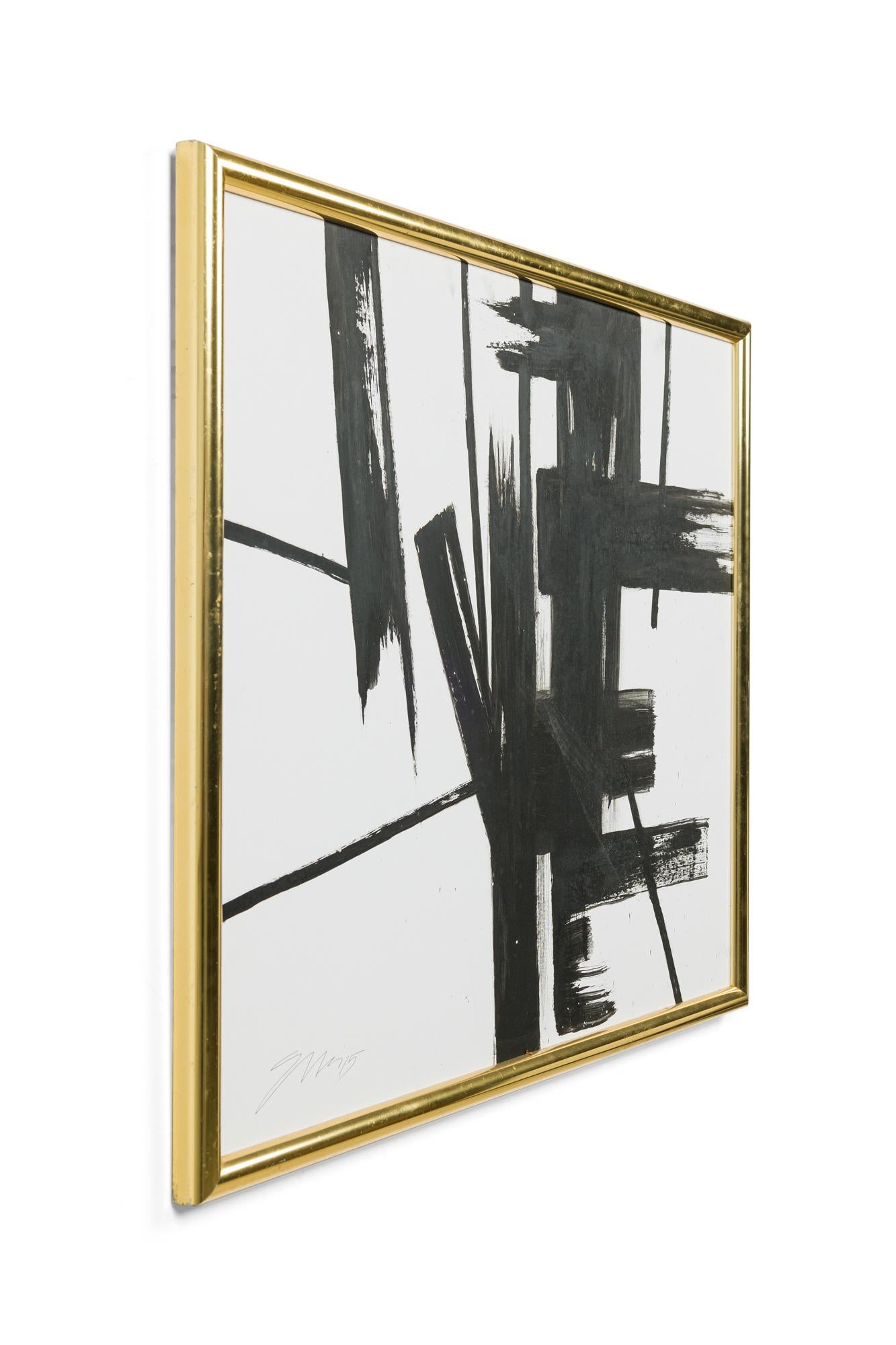 American Mid-Century abstract painting with black paint strokes against a white background (signed: ED ELLER)