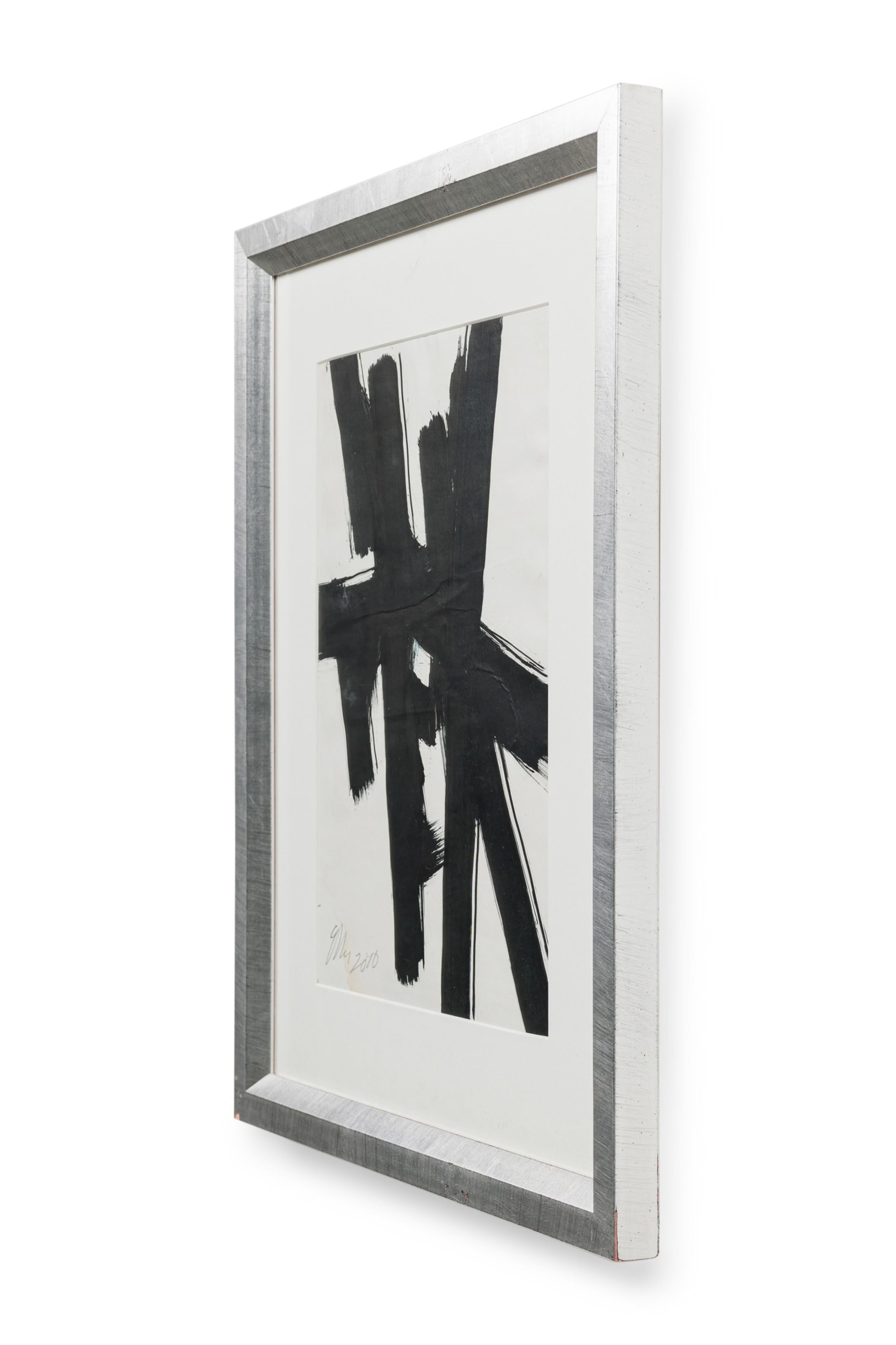 Abstraktes amerikanisches Gouache-Gemälde mit kühnen schwarzen kalligrafischen Strichen auf weißem Hintergrund (Signiert: ED ELLER 2012)