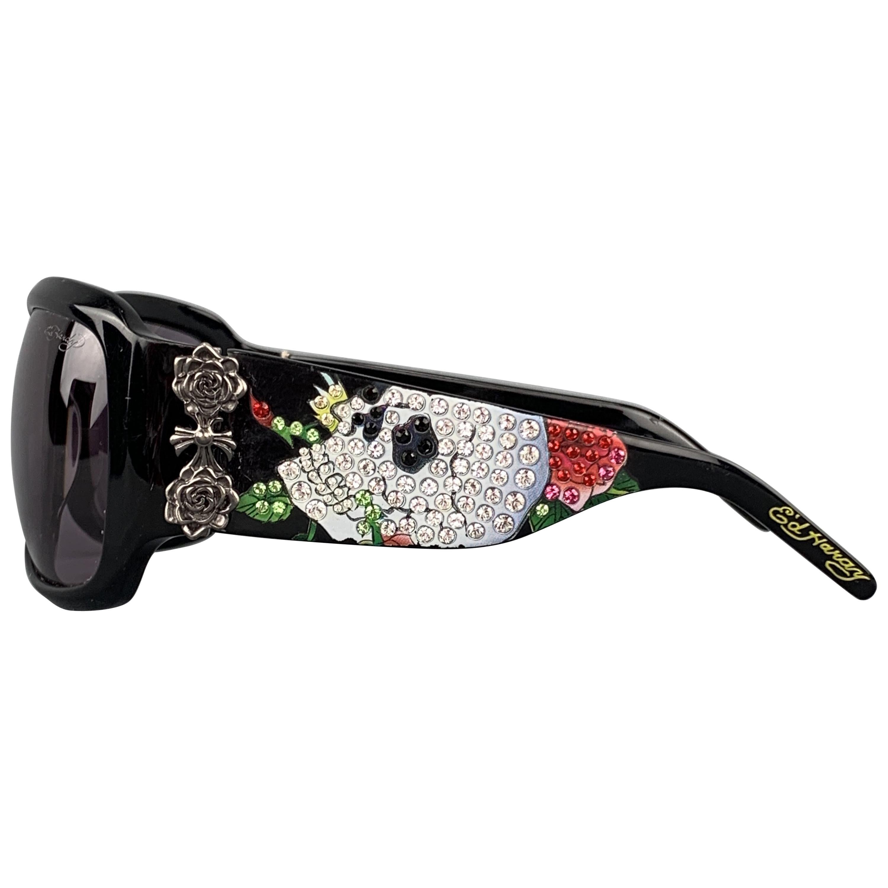 ED HARDY Black Acetate Swarovski Skull & Roses Oversized Sunglasses
