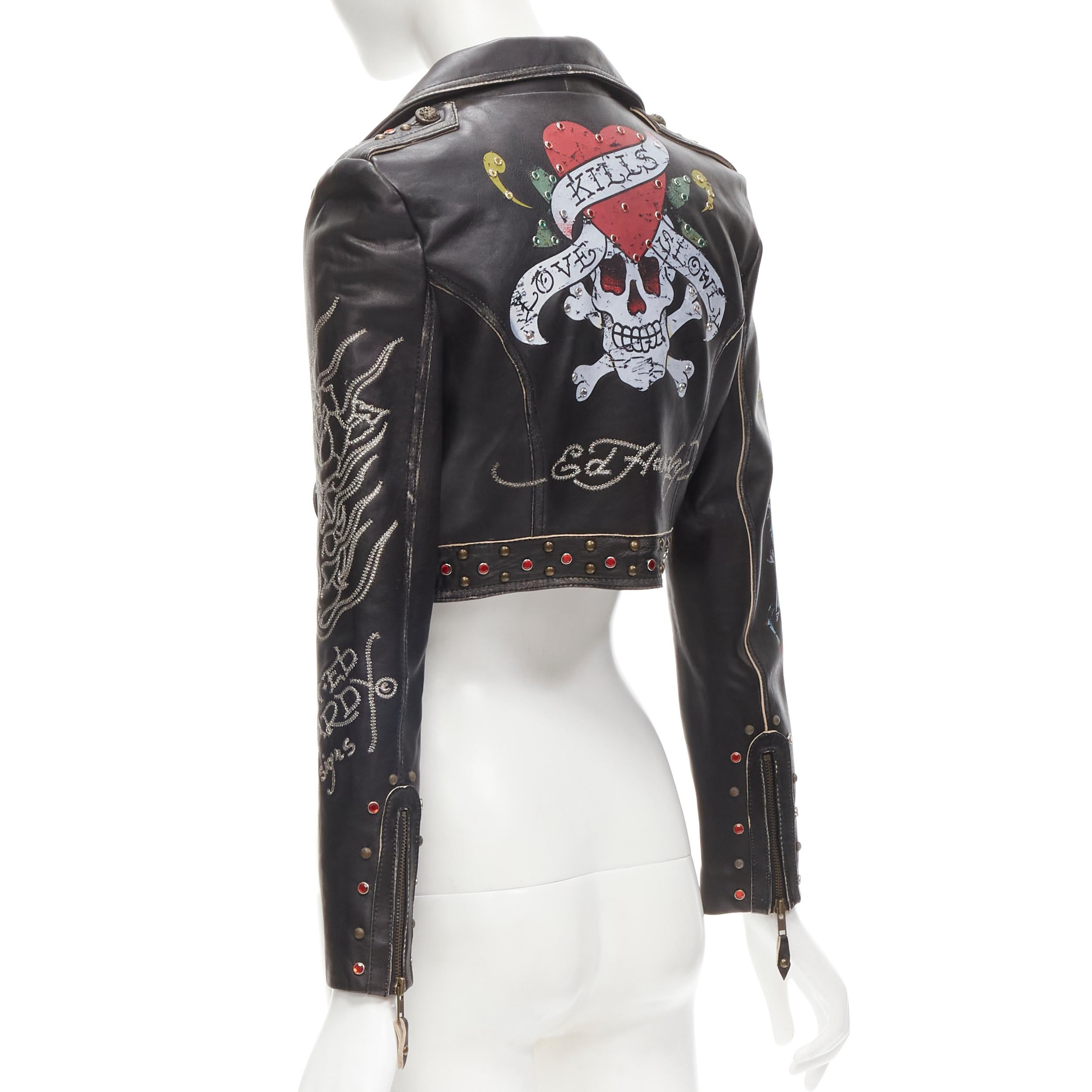 ED HARDY Christian Audigier black leather tattoo studded cropped biker Y2K S In Excellent Condition In Hong Kong, NT
