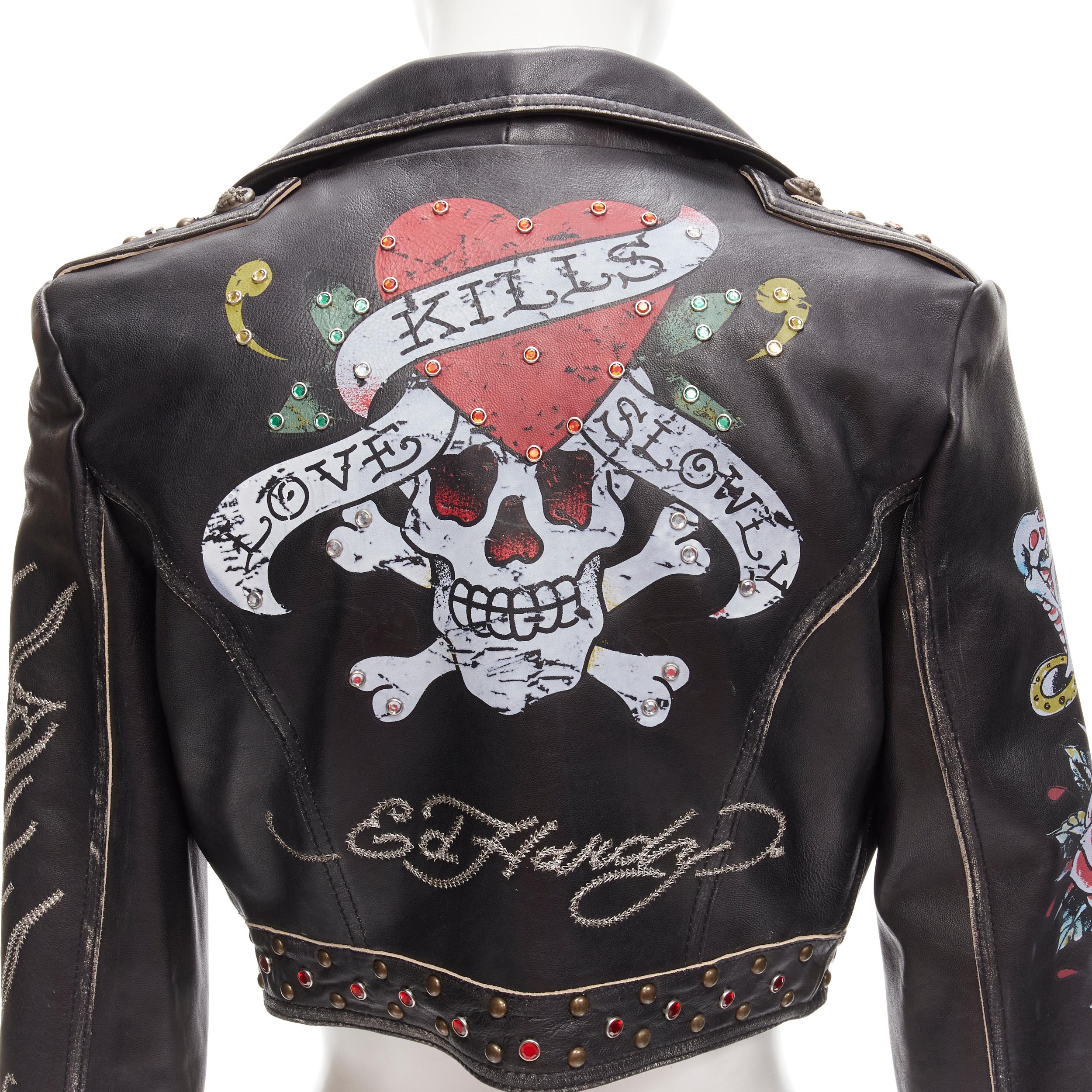 ED HARDY Christian Audigier black leather tattoo studded cropped biker Y2K S 1