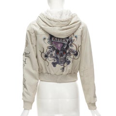 ED HARDY CHRISTIAN AUDIGIER Y2K grey leather tattoo studded cropped hoodie S
