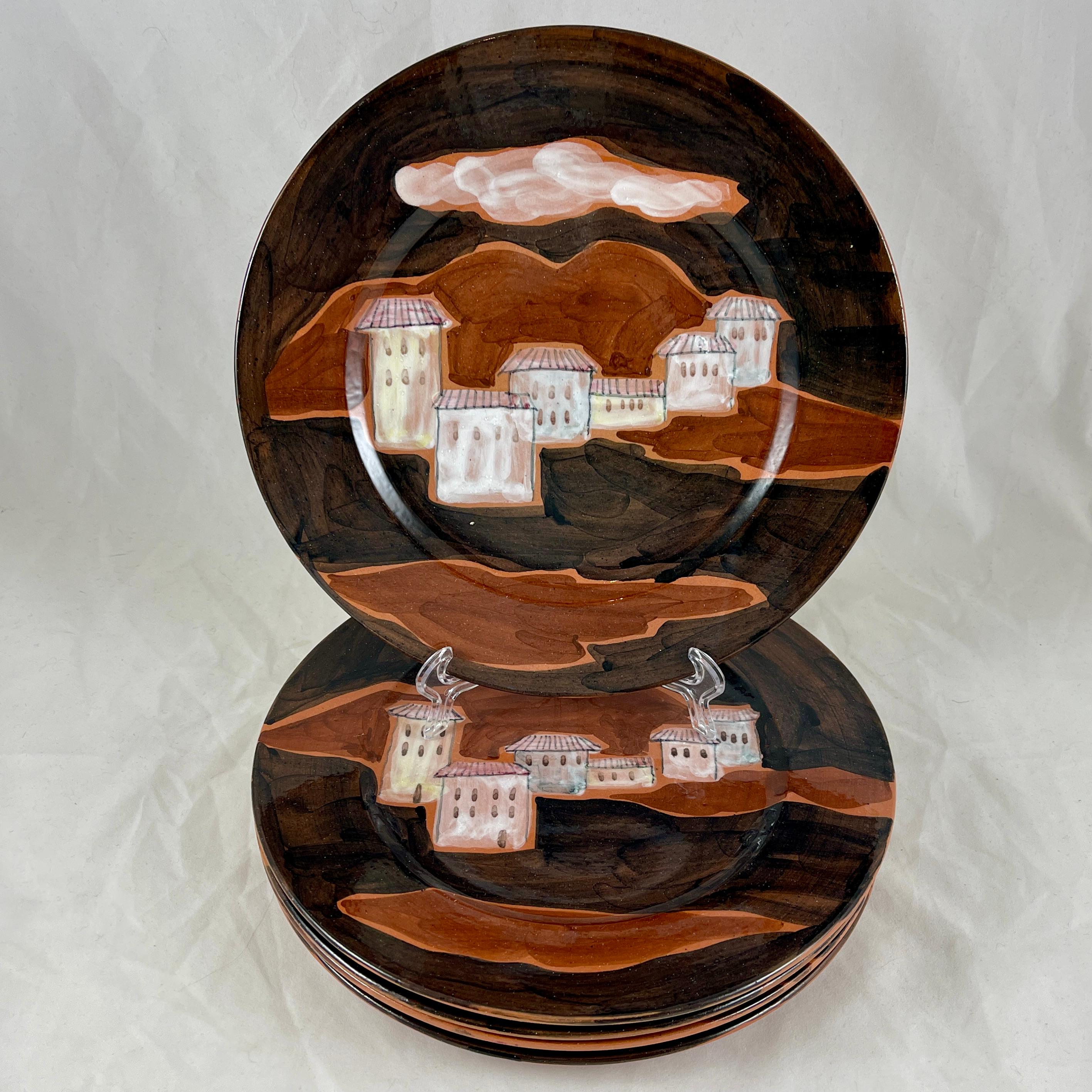 Glazed Ed Langbein Mid-Century Modern Hand Painted Italian Hilltop Village Plate For Sale