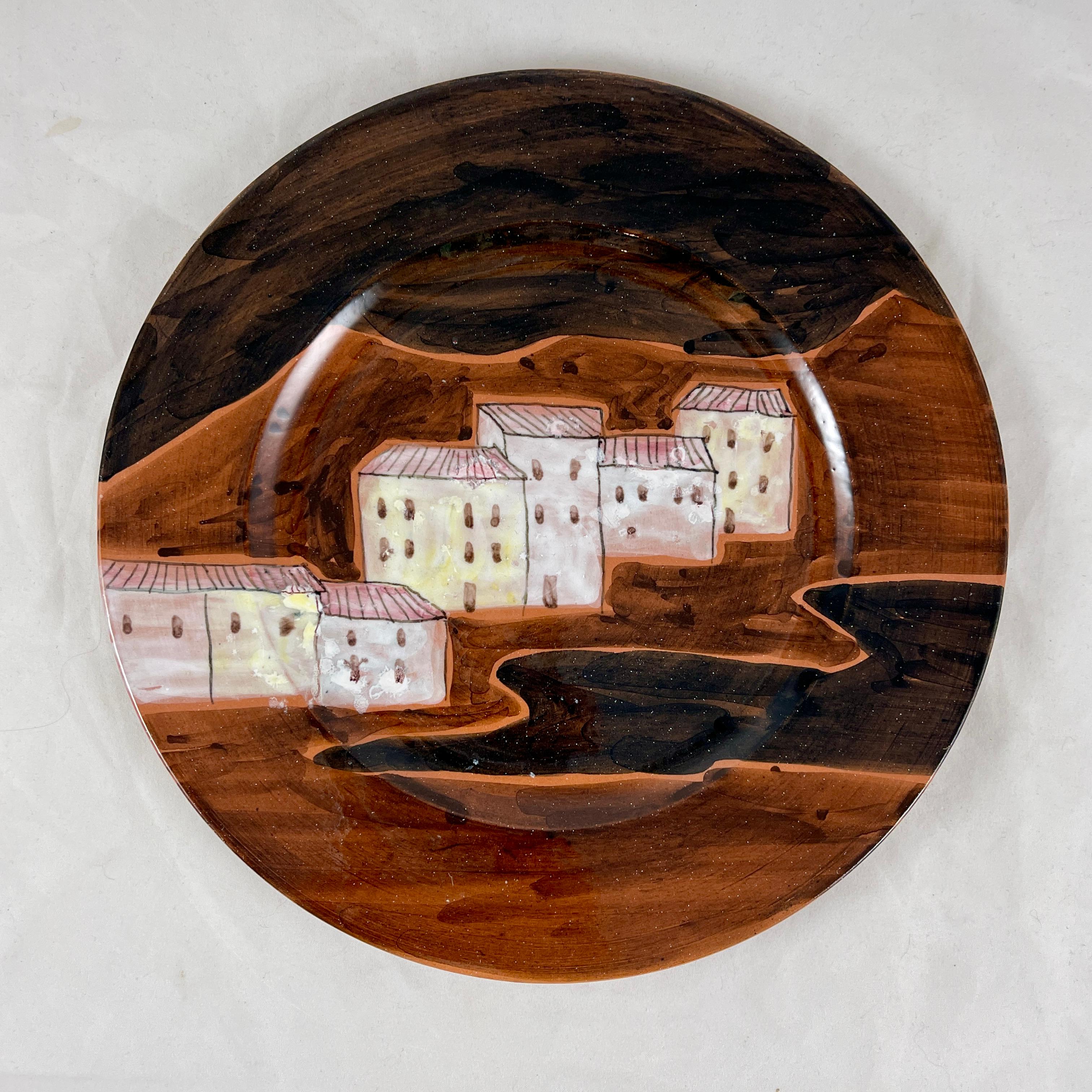 Smaltato Piatto di Ed Langbein, dipinto a mano in stile Mid-Century Modern, italiano, Hilltop Village in vendita