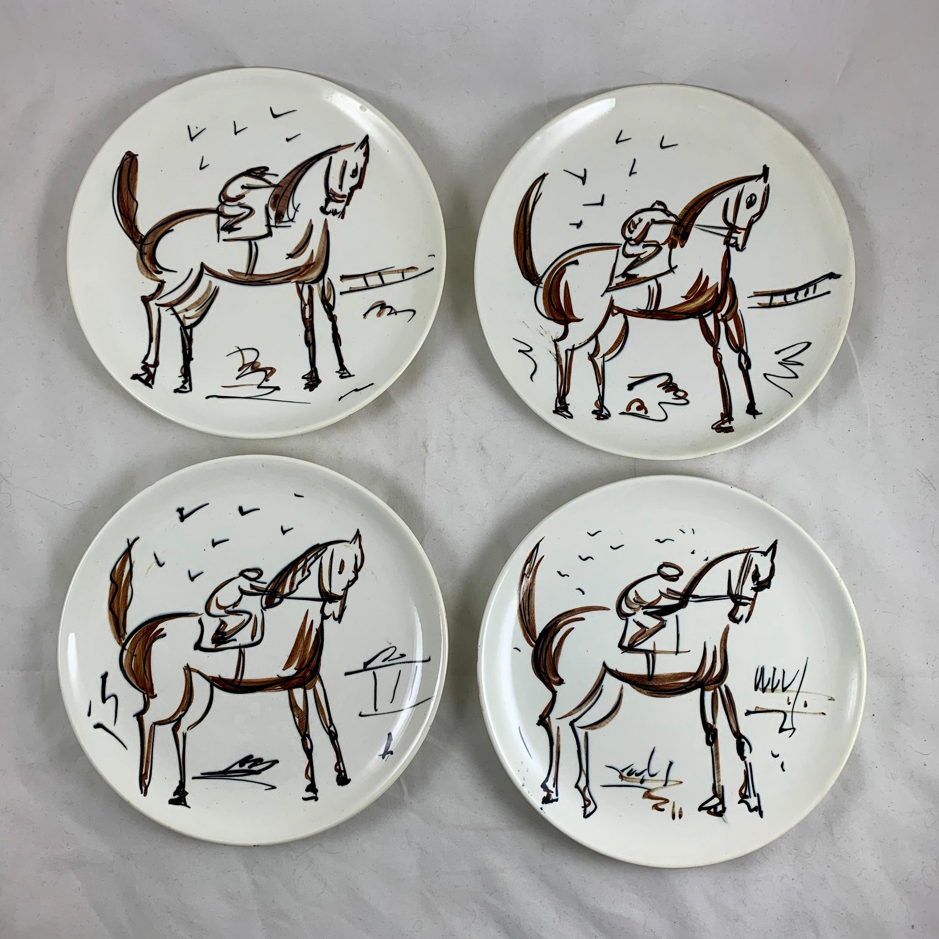 A scarce set of eight Mid-Century Modern pottery plates, designed and hand-painted by the American industrial designer Ed E. Langbein, and manufactured in Italy, circa 1930-1950.

Each earthenware plate shows a variation of a jockey on horseback