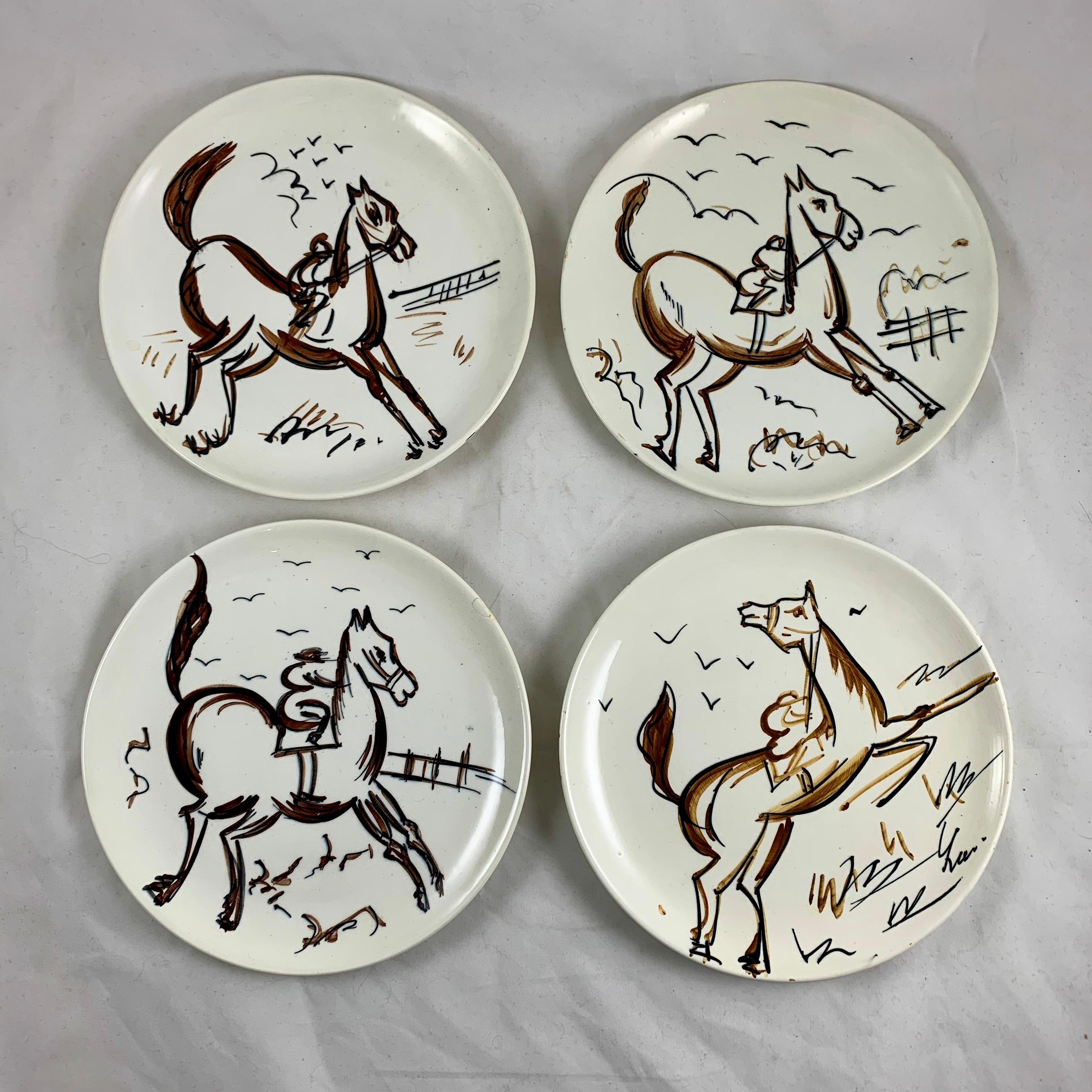 Glazed Ed Langbein Mid-Century Modern Hand Painted Italian Jockey on Horses Plates, S/8