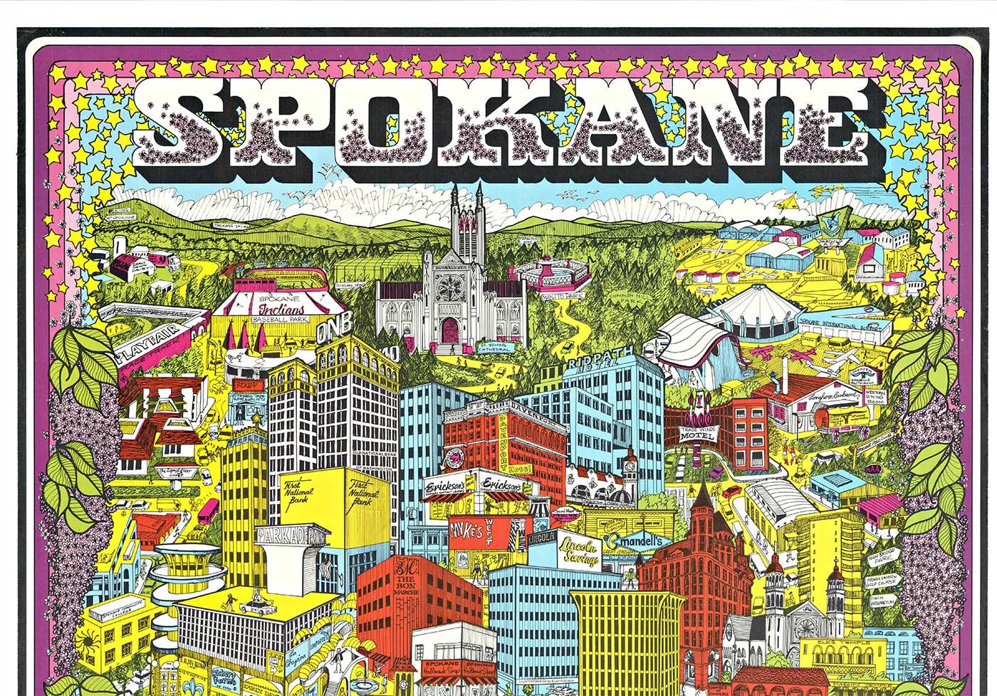 Original Spokane (WA.) Buntes Capital Fun Map, Vintage-Poster – Print von Ed Langley