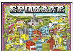Original Spokane (WA.) Colorful Capital Fun Map póster vintage