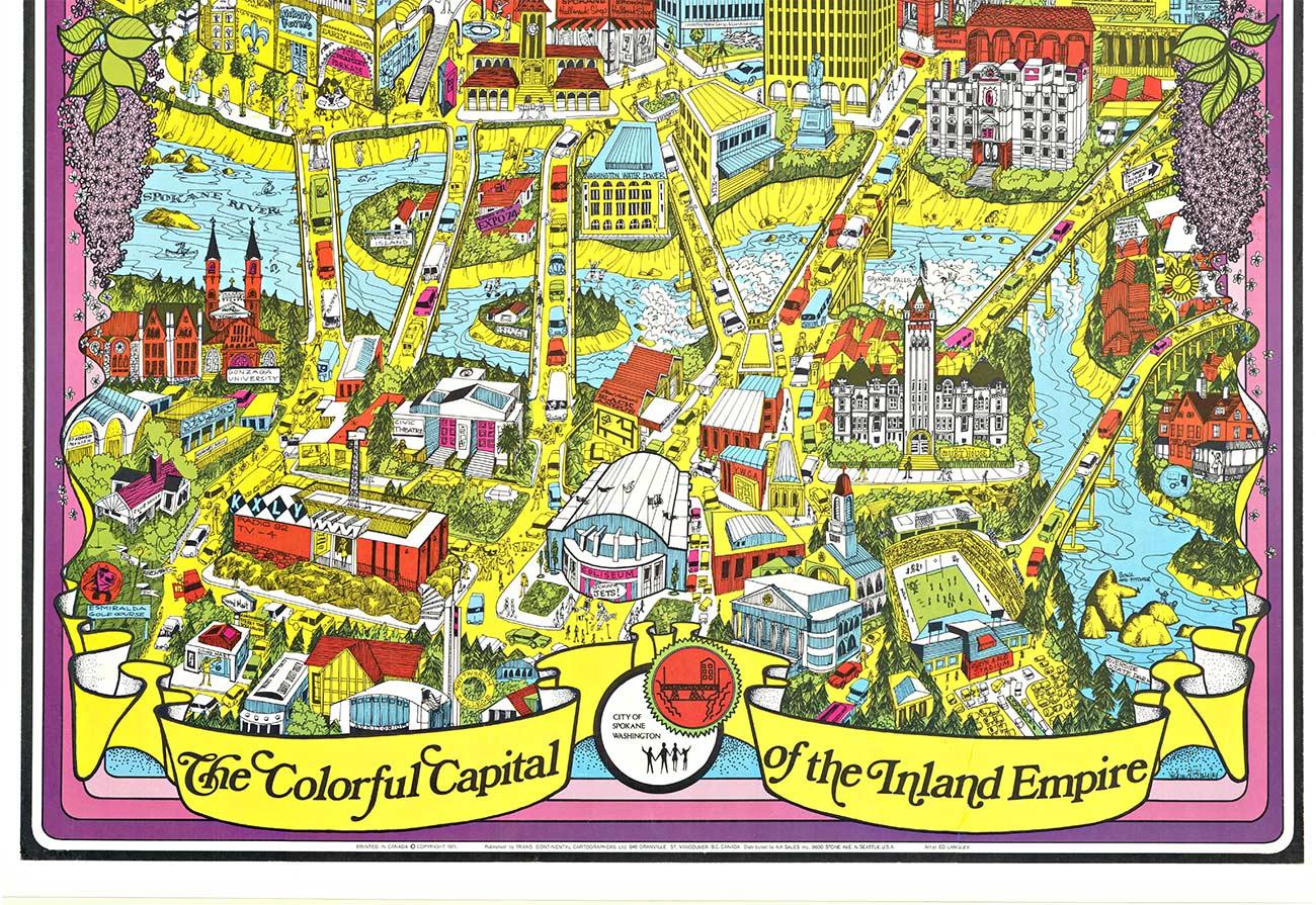 Original Spokane (WA.) Buntes Capital Fun Map, Vintage-Poster (Amerikanische Moderne), Print, von Ed Langley
