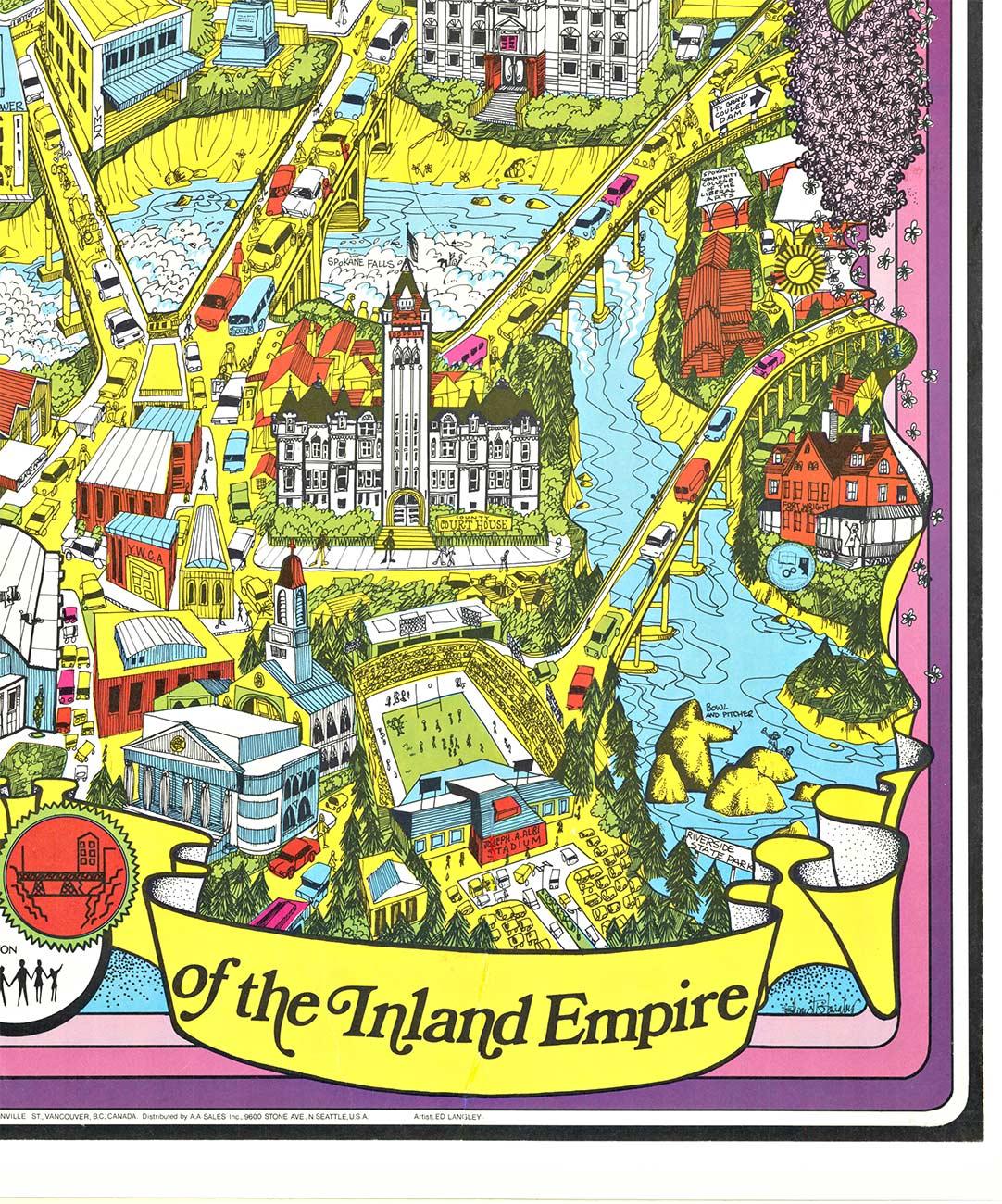 Original Spokane (WA.) Buntes Capital Fun Map, Vintage-Poster (Beige), Landscape Print, von Ed Langley