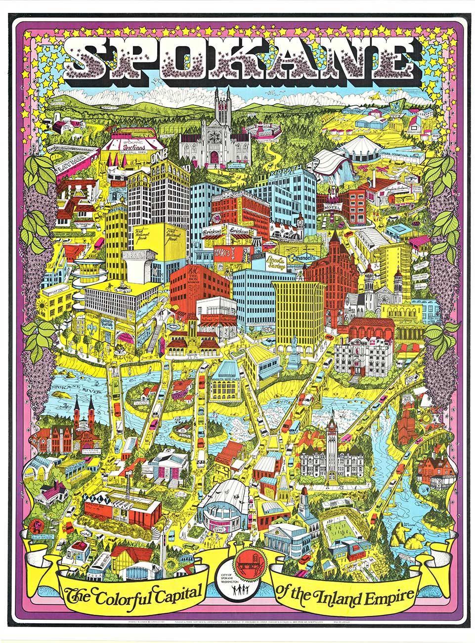Original Spokane (WA.) Colorful Capital Fun Map póster vintage