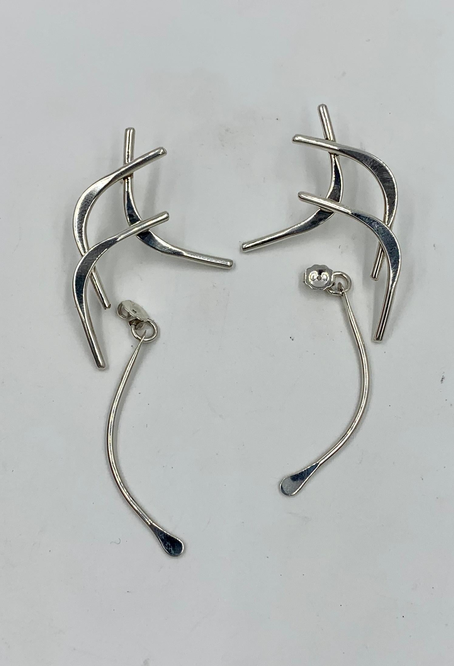 Ed Levin Modernist Midcentury Dangle Earrings Sterling Silver 14 Karat Post In Good Condition In New York, NY