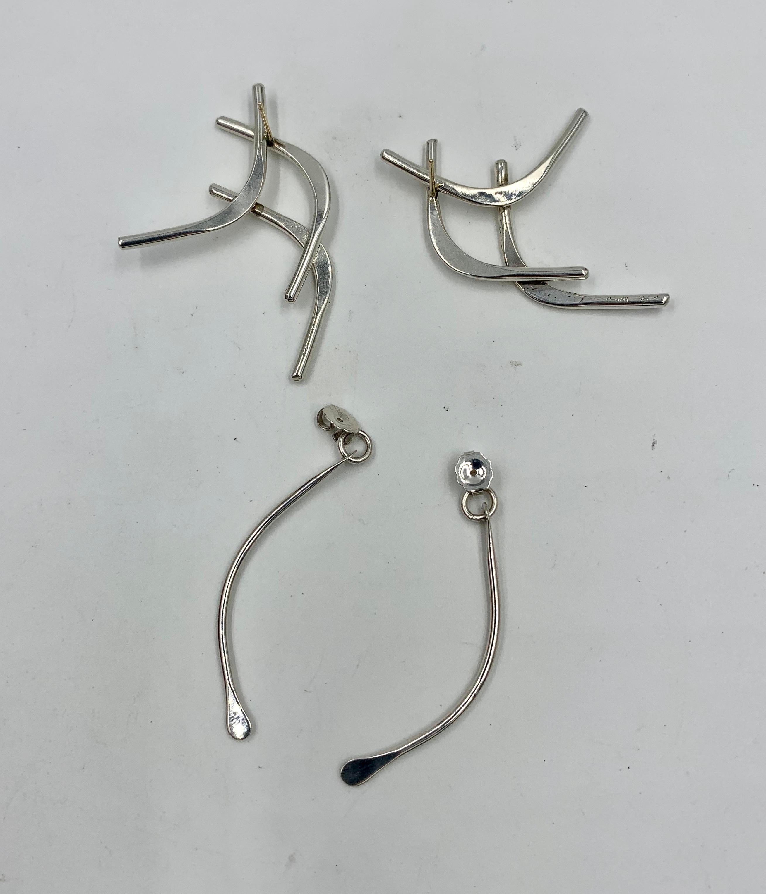 Women's Ed Levin Modernist Midcentury Dangle Earrings Sterling Silver 14 Karat Post