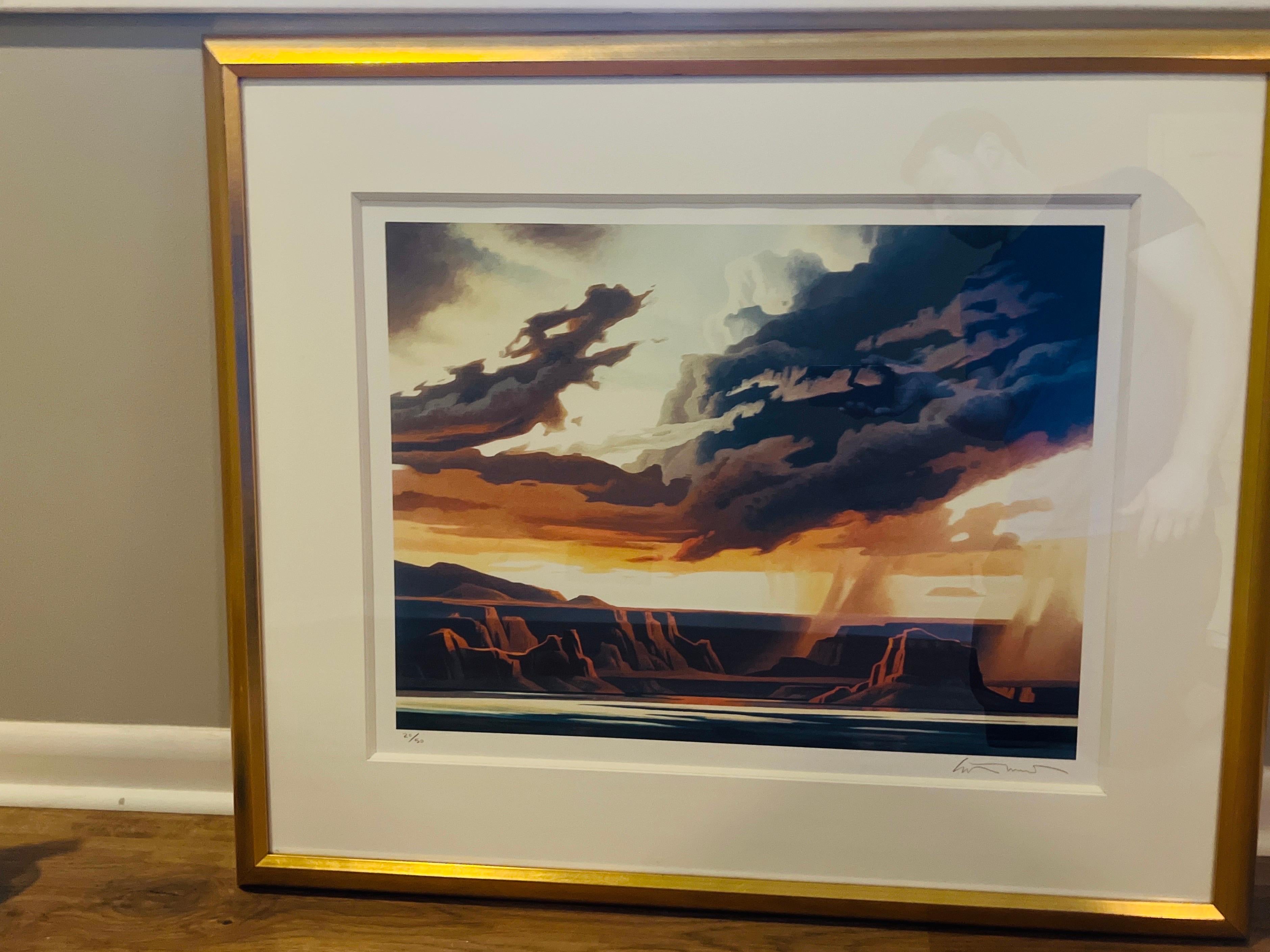 Ed Mell (American, born 1942). A fine Artist Proof serigraph. Fully signed, numbered and expertly framed.
Ed Mell is an American artist known for both his paintings, posters, and bronze sculptures depicting cowboys, steers, and sunsets above the
