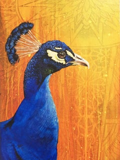 Peacock, by street art legend TDEE, custom framed, yellow, orange, blue, pattern