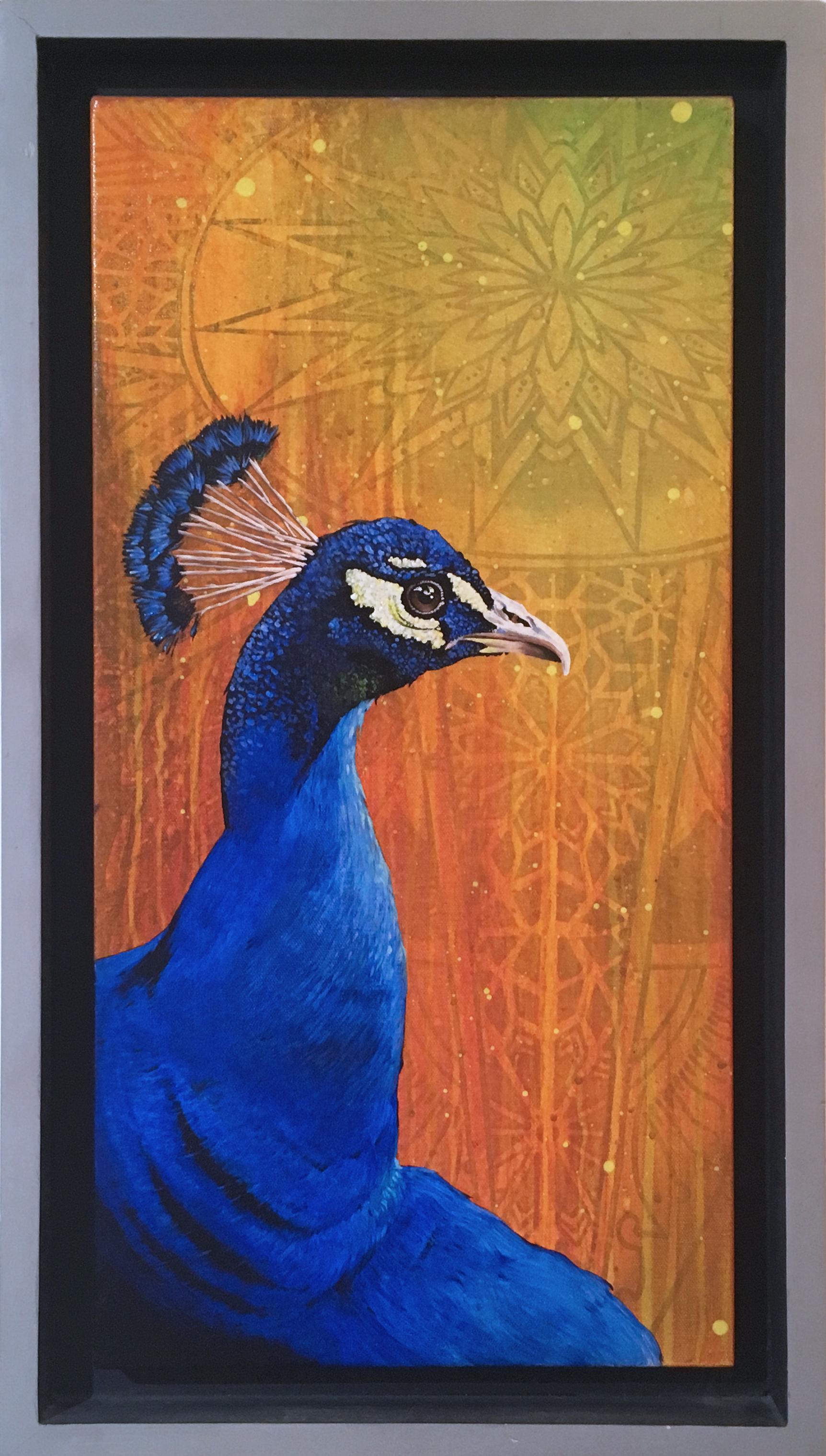 Peacock, by street art legend TDEE, custom framed, yellow, orange, blue, pattern - Brown Animal Painting by Ed Morris