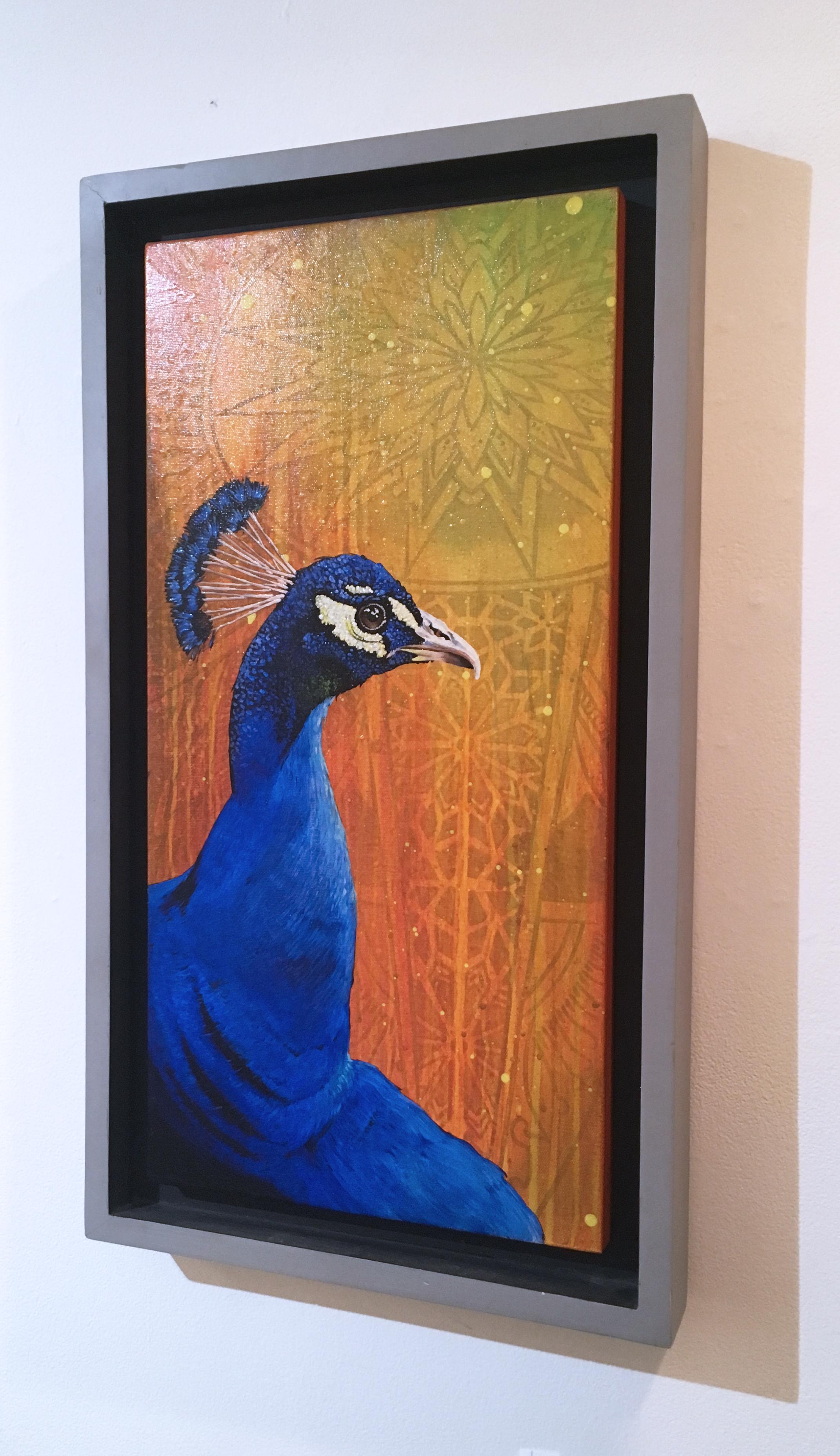 Peacock, by street art legend TDEE, custom framed, yellow, orange, blue, pattern (2016).  Bright blues and oranges.  Figurative painting.  Street artist.  Graffiti writer.