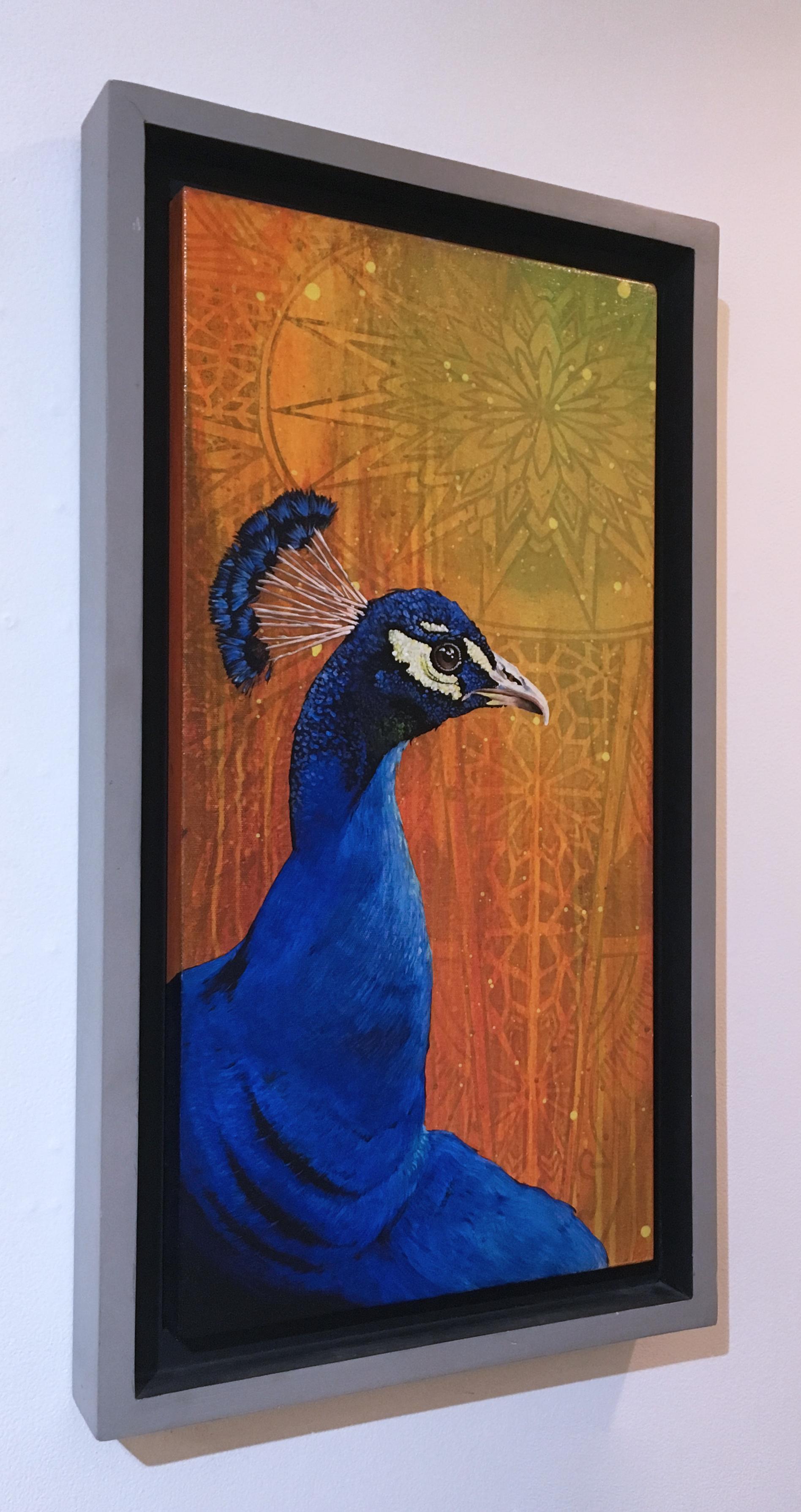 Peacock, by street art legend TDEE, custom framed, yellow, orange, blue, pattern For Sale 1