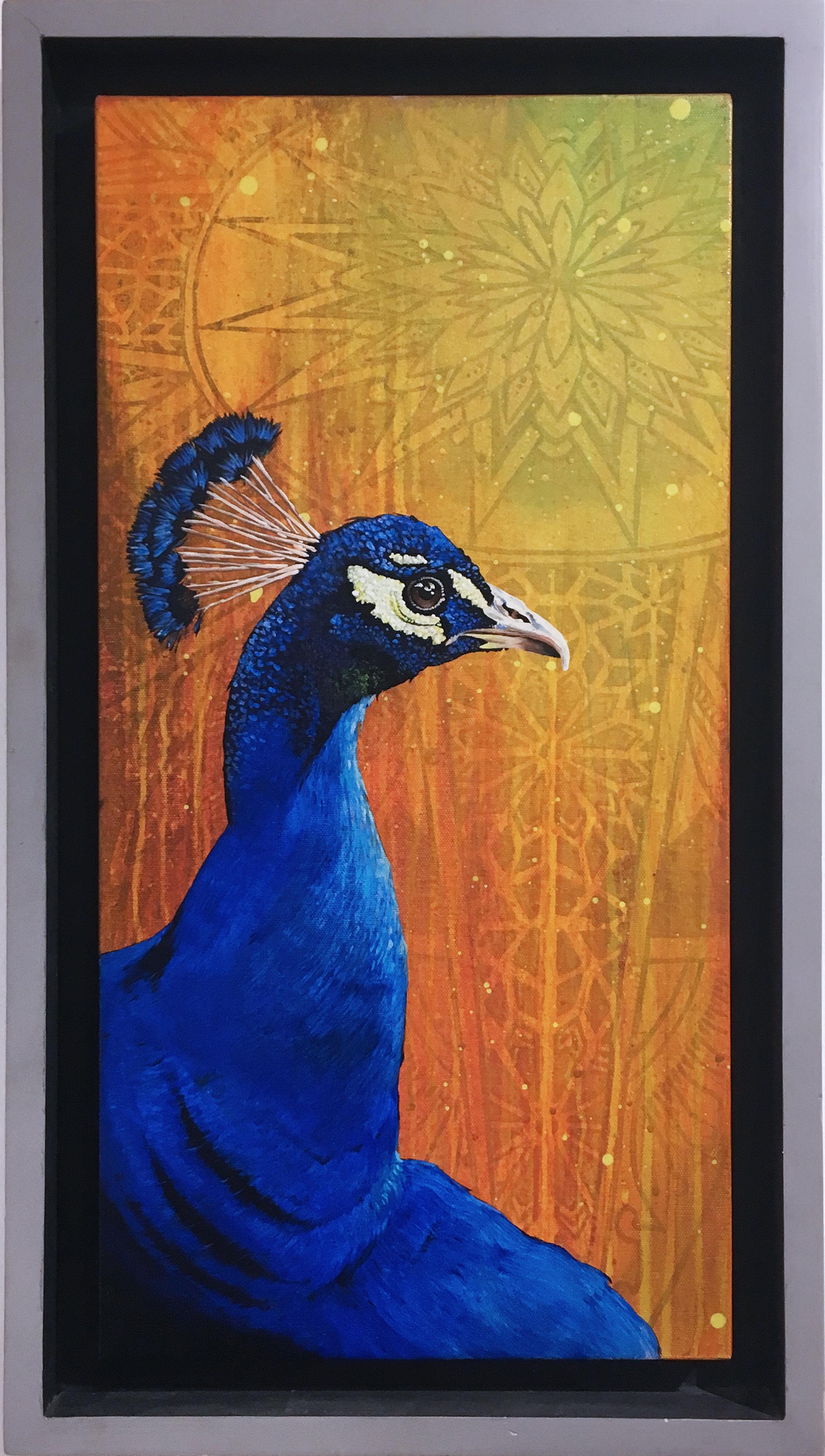 Peacock, by street art legend TDEE, custom framed, yellow, orange, blue, pattern
