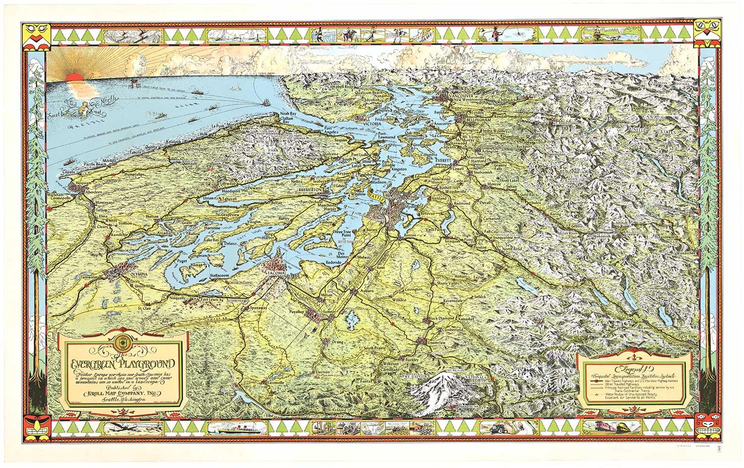 Carte originale de l'État de Washington oriental « The Evergreen Playground » (le terrain de jeu du Evergreen) 