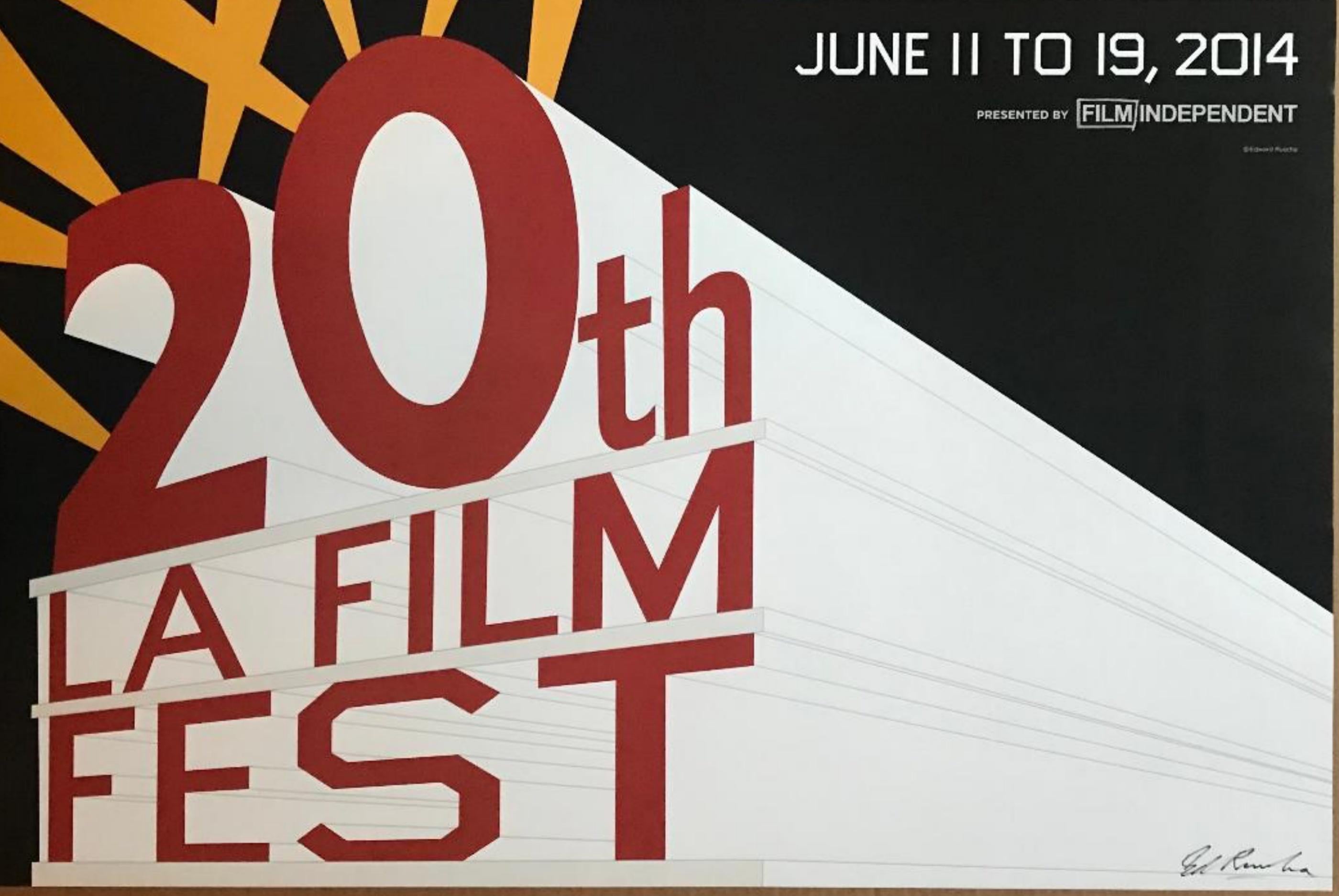 Ed Ruscha
20th LA Film Fest (Hand Signed), 2014
Limited Edition Offset Lithograph. Hand signed by Ed Ruscha,  with the artist's copyright
36 × 24 inches
Boldly signed on the front in black marker, with artist's copyright
Published by Film