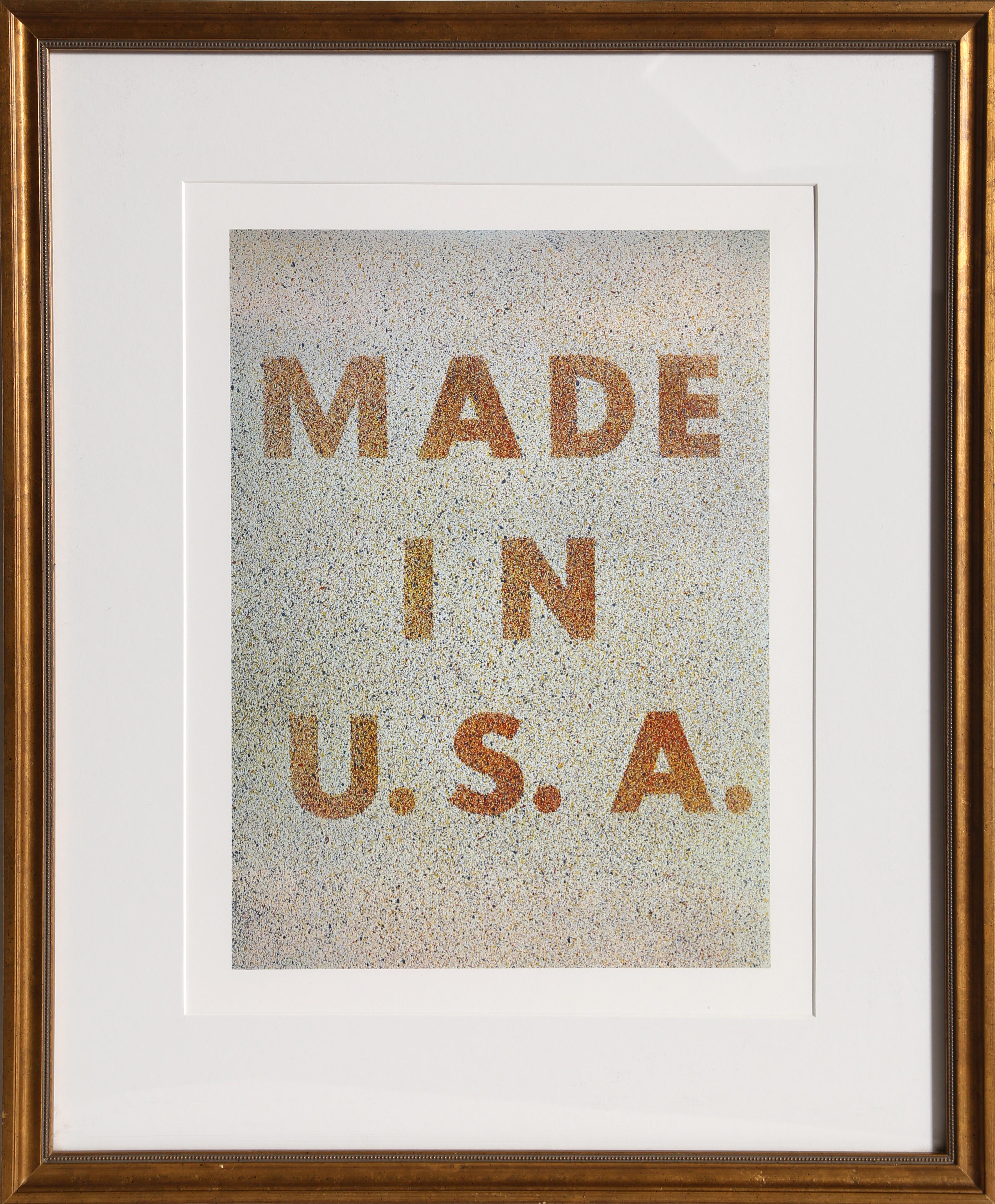 Artist: after Ed Ruscha
Title: America: Her Best Product (Made in USA) from the Kent Bicentennial Portfolio
Year: 1975
Medium: Offset Lithograph (unsigned)
Image: 13 x 9 inches
Paper Size: 17 x 14 inches
Frame: 21 x 17.5 inches

An original fine art
