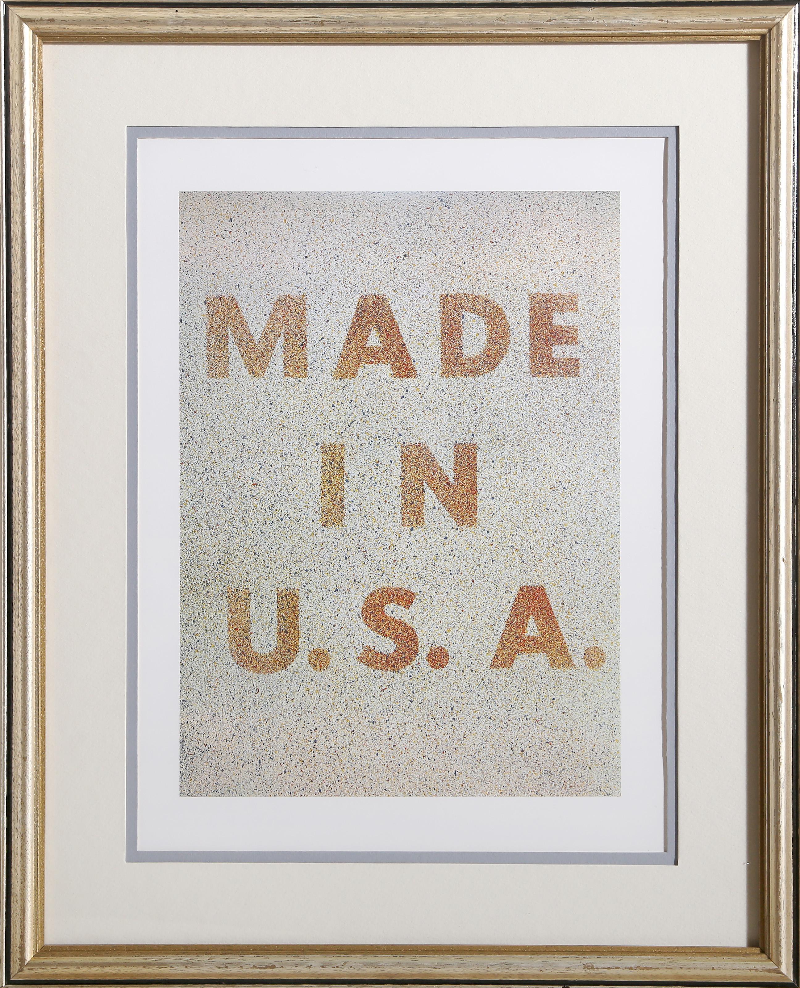 Ed Ruscha, American (1937 - ) - America: Her Best Product (Made in U.S.A.), Portfolio:  Kent Bicentennial Portfolio, Year:  1975, Medium:  Offset Lithograph, Image Size:  13 x 9.5 inches, Size:  17 x 14 in. (43.18 x 35.56 cm), Frame Size:  21.25 x