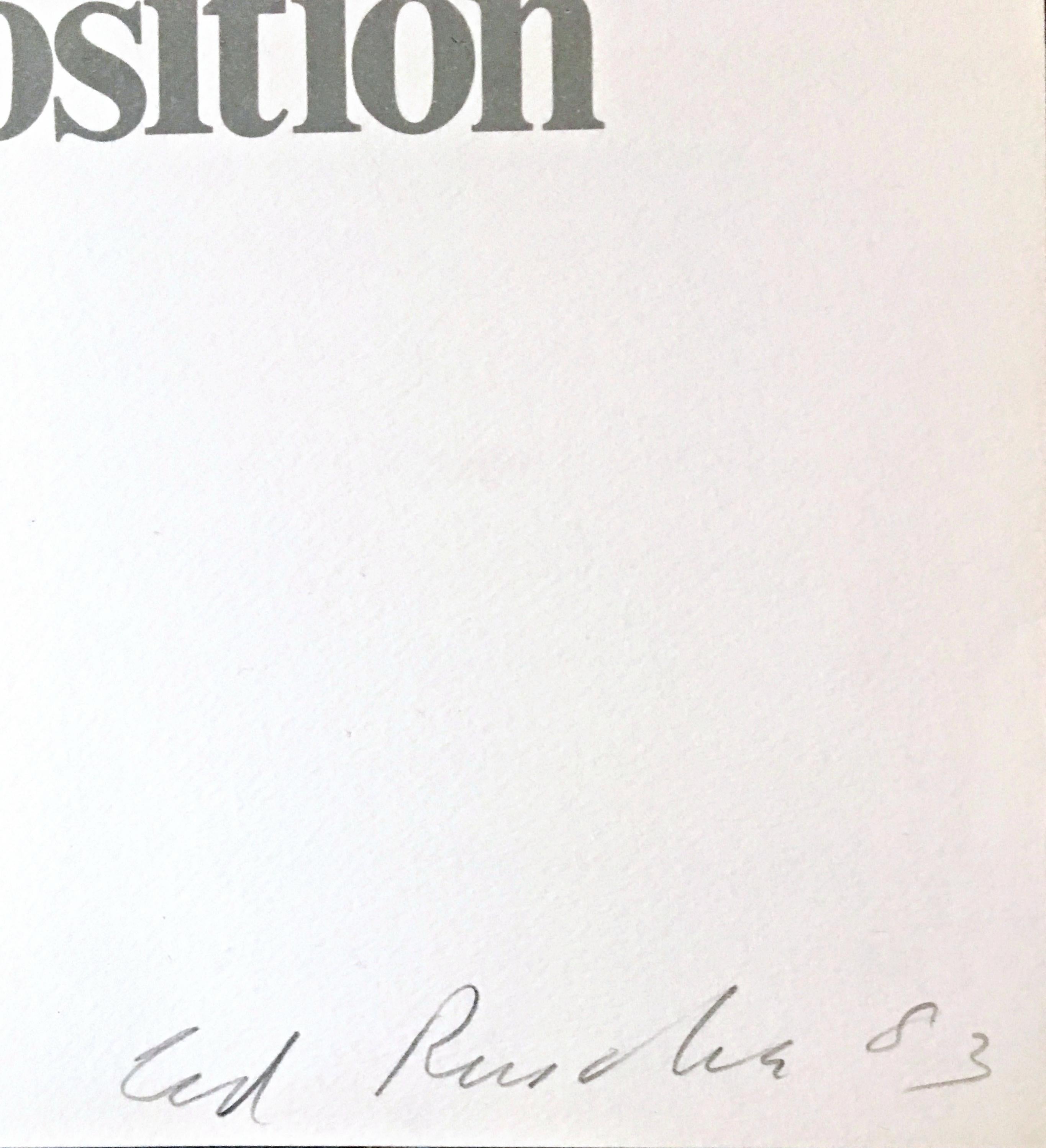 Ed Ruscha
Chicago International Art Exposition (Hand Signed by Ed Ruscha), 1983
Offset Lithograph. Pencil Signed and dated. Unframed.
Signed and dated by Ed Ruscha in graphite pencil lower right.
39 × 27 1/2 inches
Unframed
This vintage hand signed