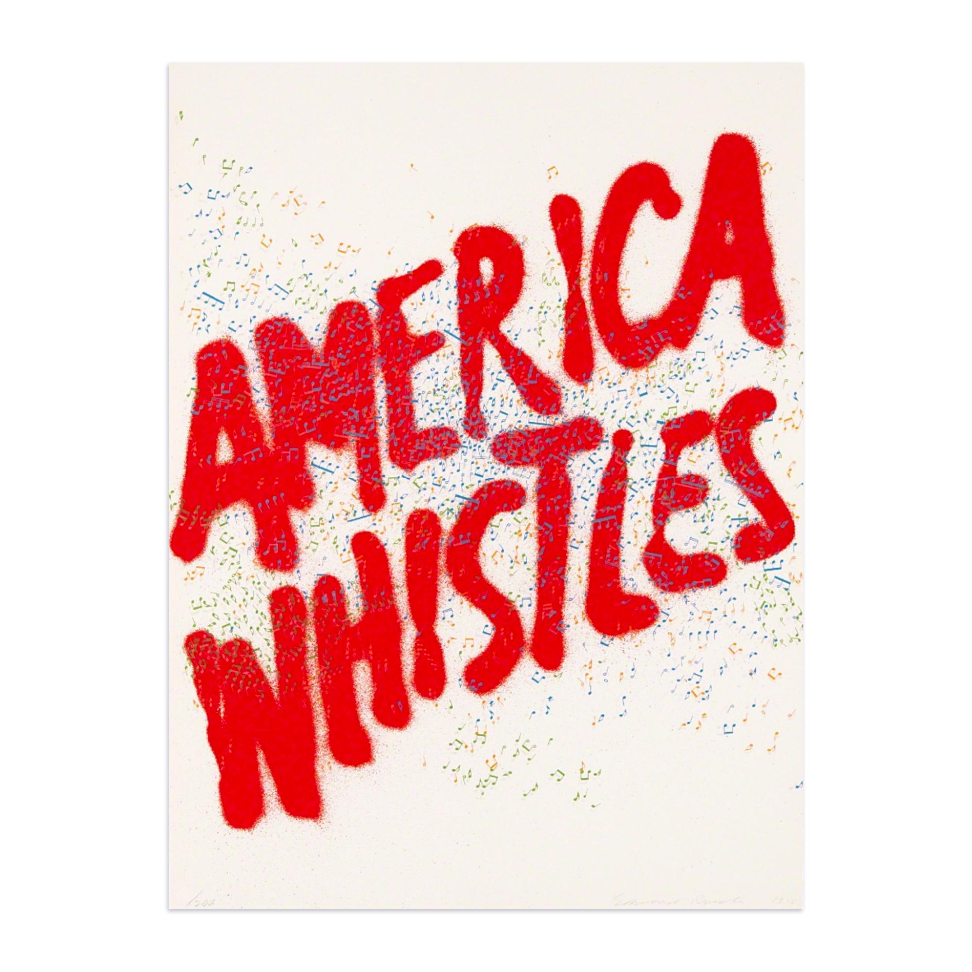 Ed Ruscha (American, born 1937)
America Whistles (from America: The Third Century), 1975
Medium: Lithograph on wove paper
Dimensions: 76.3 x 57 cm
Edition of 200 + 25 AP + 25 HC: Hand-signed, numbered and dated
Publisher: APC Editions, New