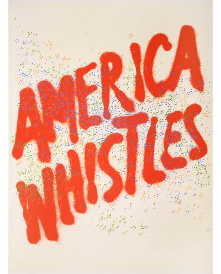 Created as part of a bicentennial featuring 13 artists entitled, “America: The Third Century,” “America Whistles” was chosen as the cover for the 1976 issue of Art News Magazine. As typical to his oeuvre, Ed Ruscha employs humorous, ironic, sayings